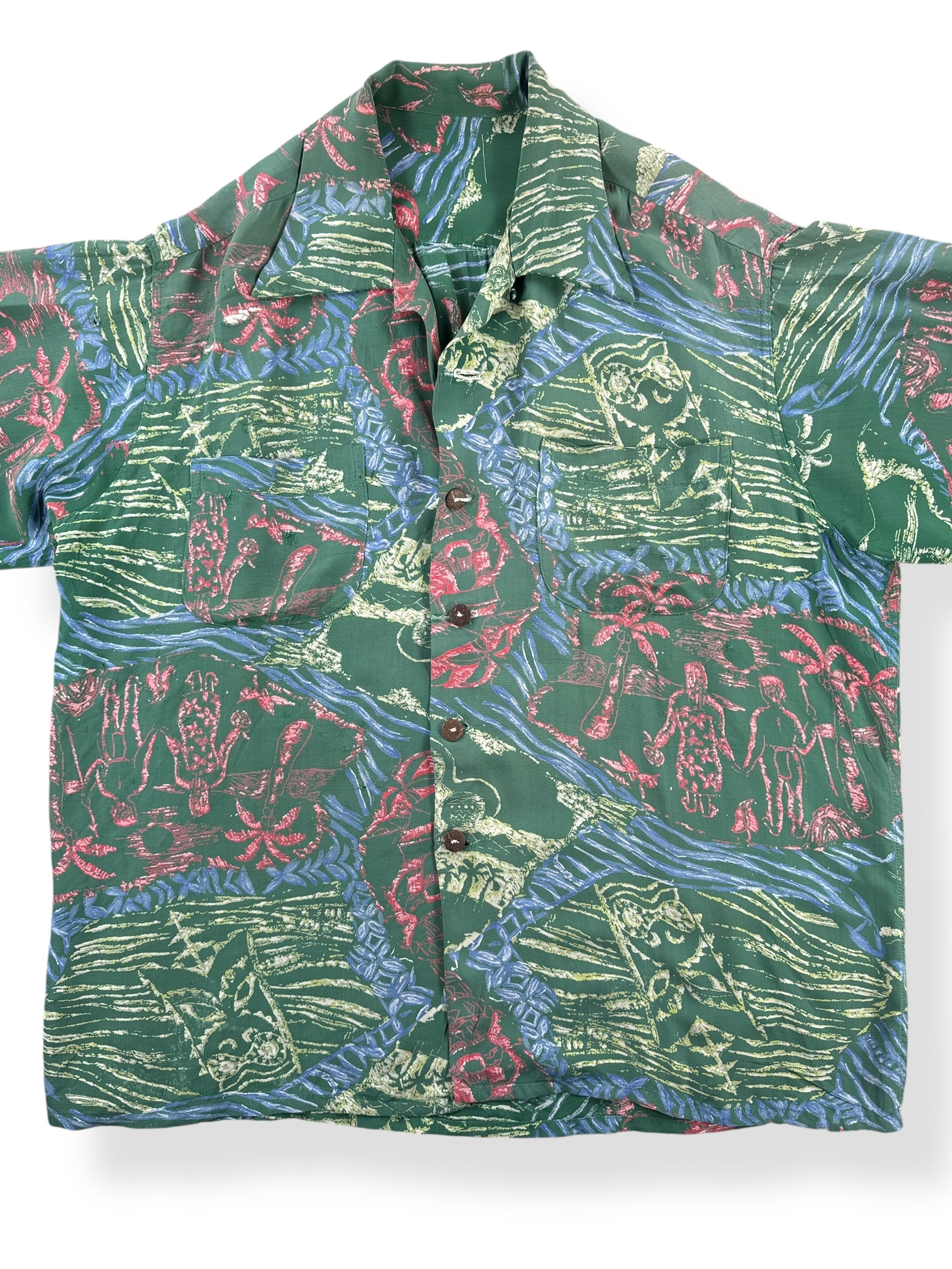 Front Close Up of Vintage Gaugin Print Aloha Shirt SZ L