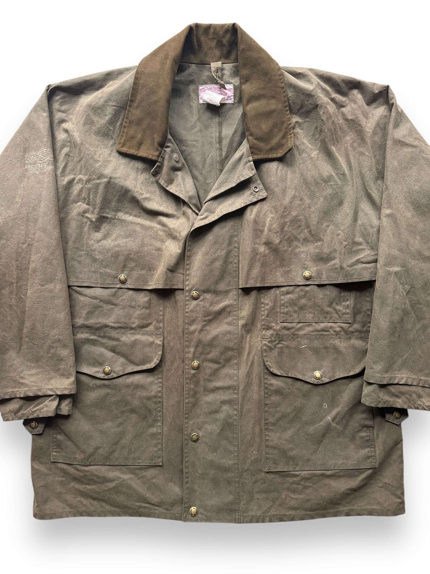 front close up of Vintage Filson Shelter Cloth Packer Coat w/ Microsoft Sleeve Embroidery SZ 44