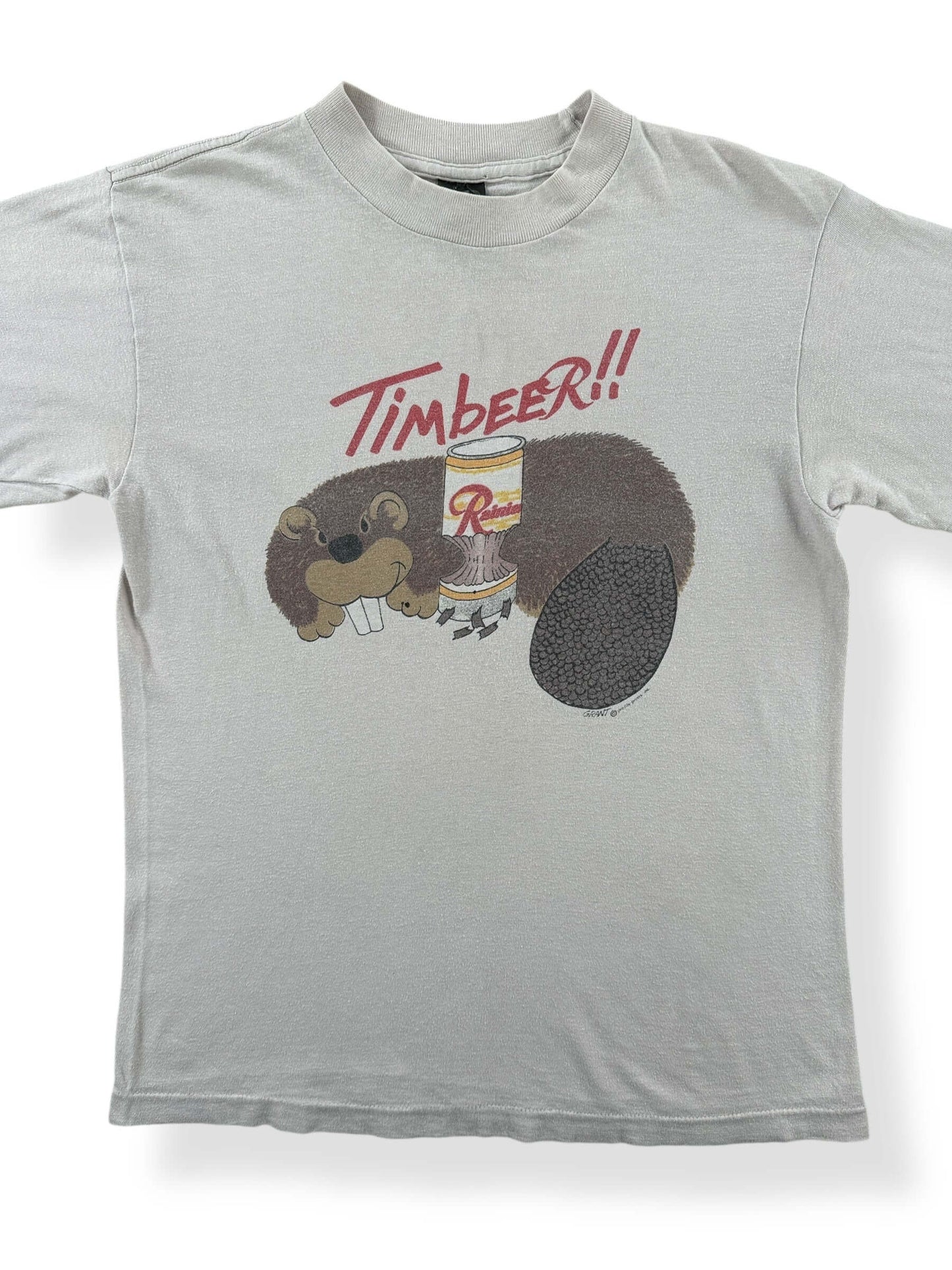 Front Close Up of Vintage Rainier Beer Timbeer Beaver Tee SZ S