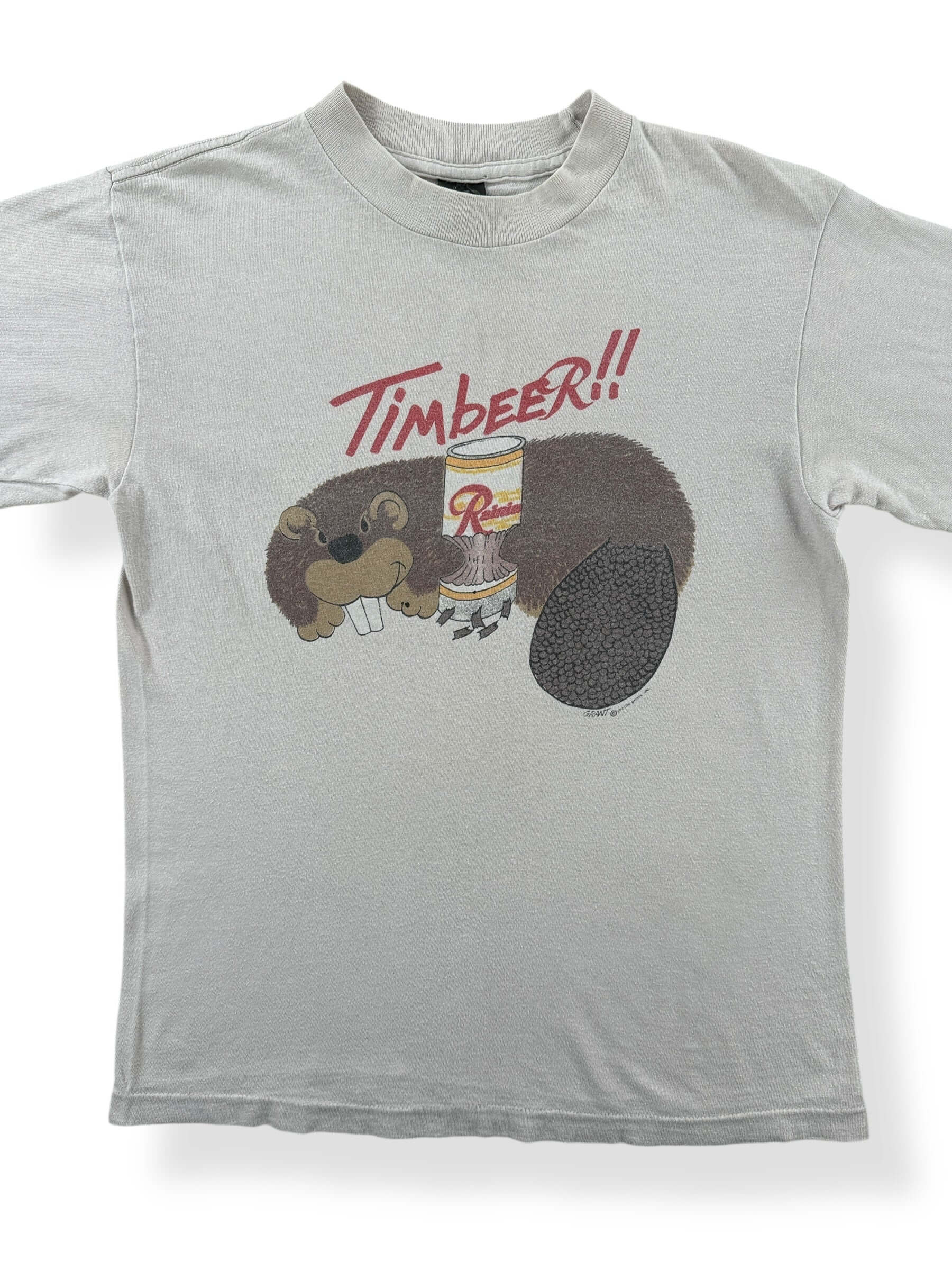 Front Close Up of Vintage Rainier Beer Timbeer Beaver Tee SZ S