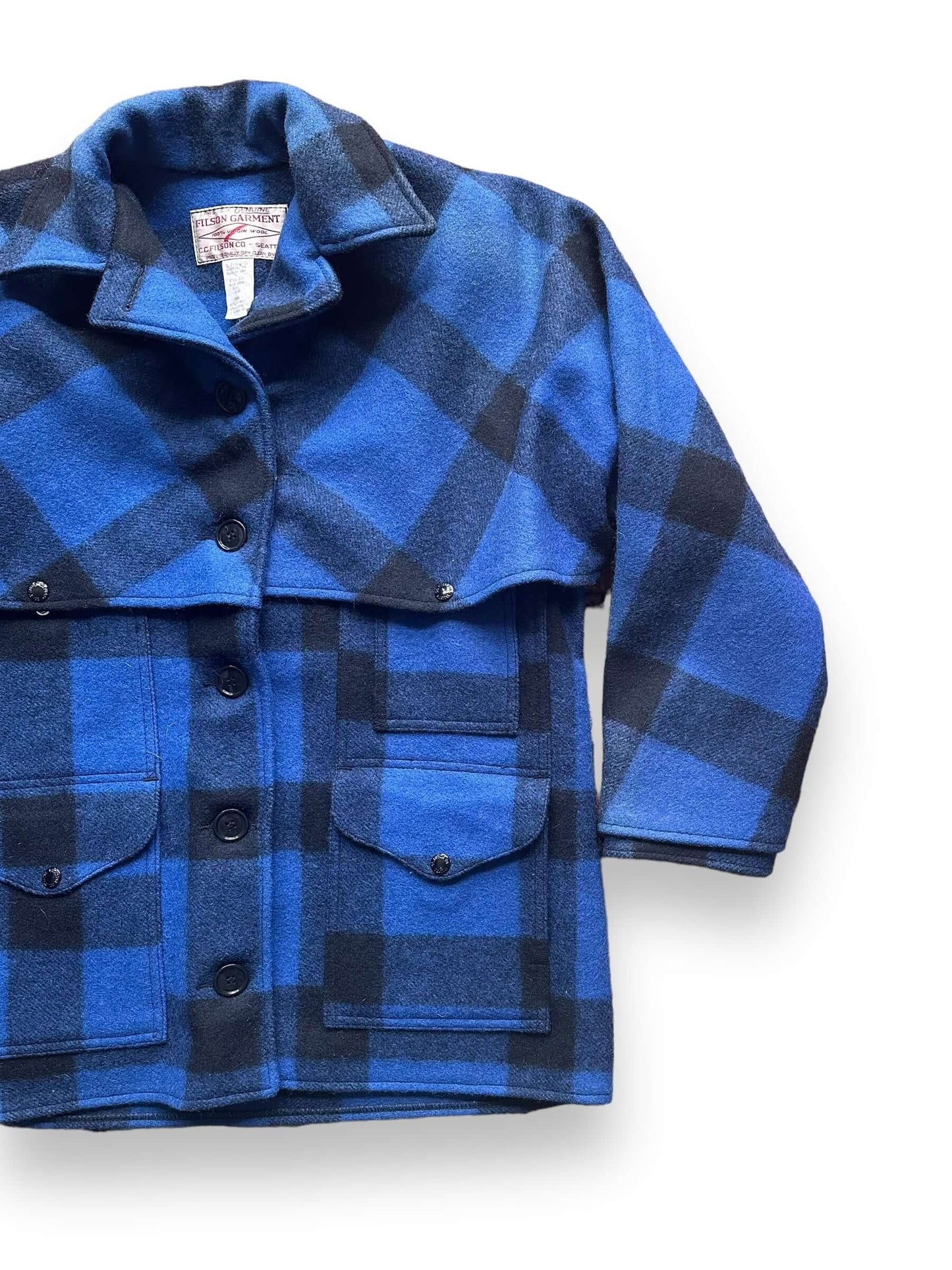 Front Left View of Vintage Women's Filson Cobalt and Black Double Mackinaw Jacket SZ 10