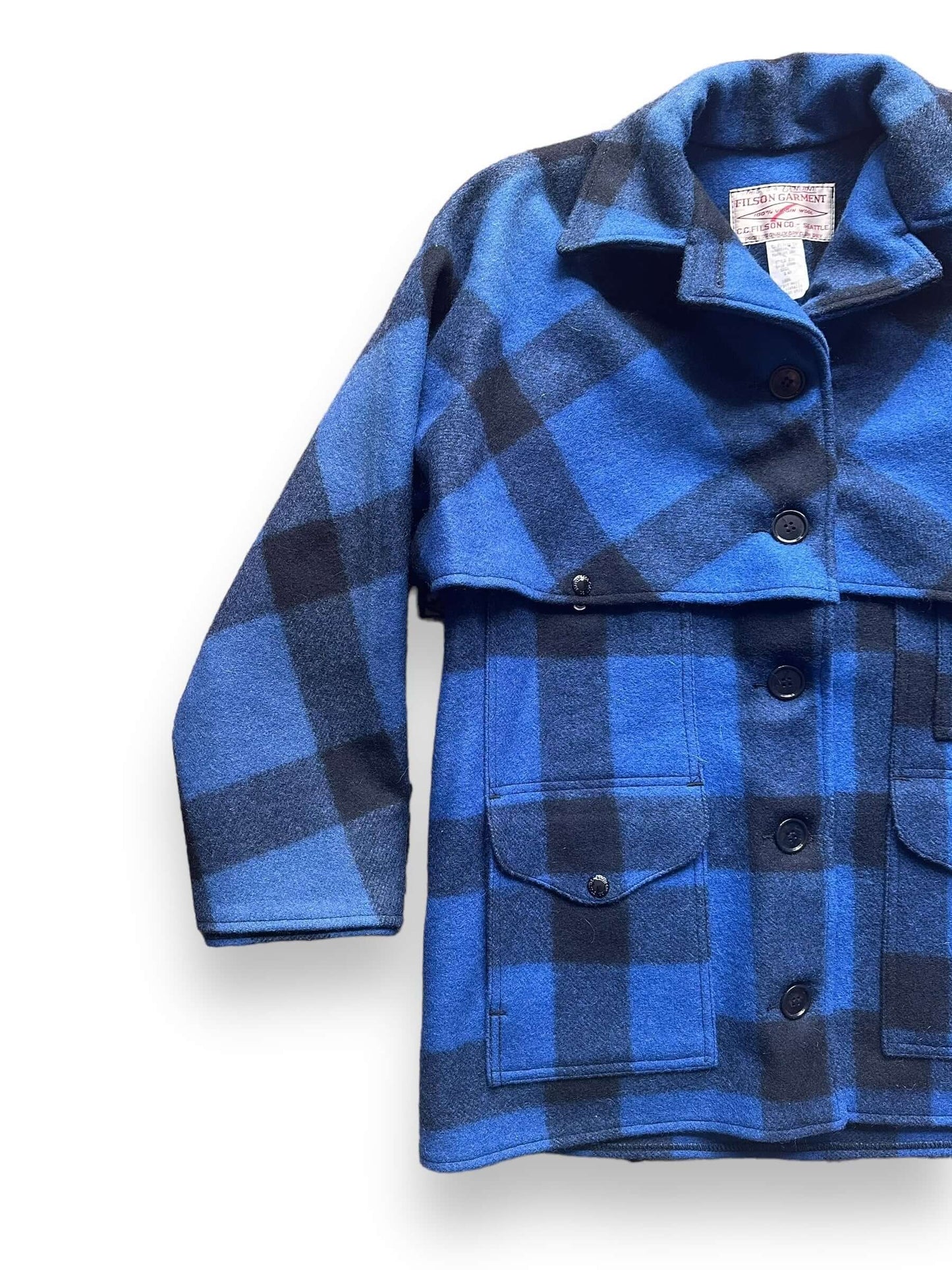 Front Right View of Vintage Women's Filson Cobalt and Black Double Mackinaw Jacket SZ 10