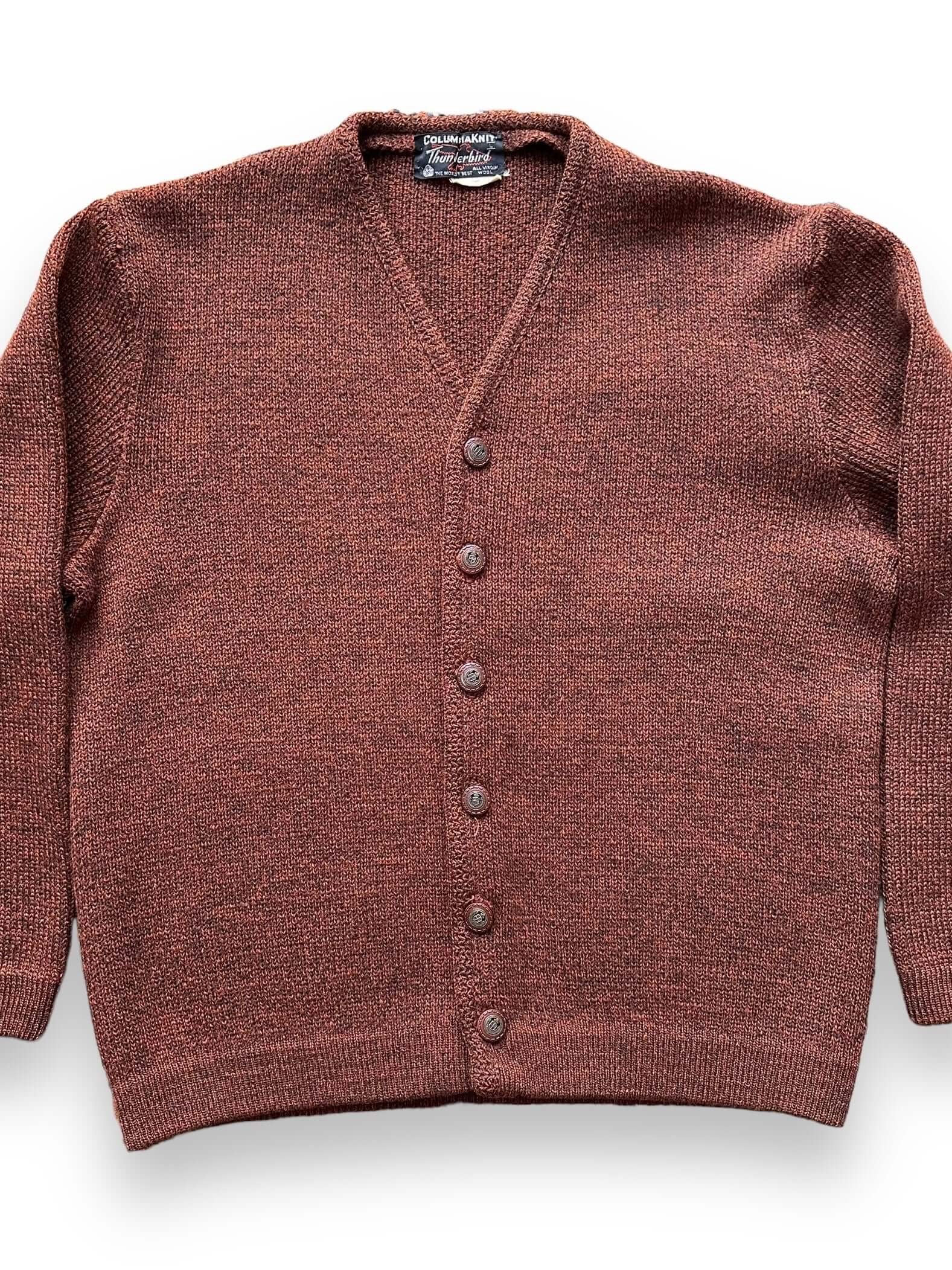 front close up of Vintage 1950s Columbia Knit Thunderbird Brown/Orange Wool Cardigan SZ L