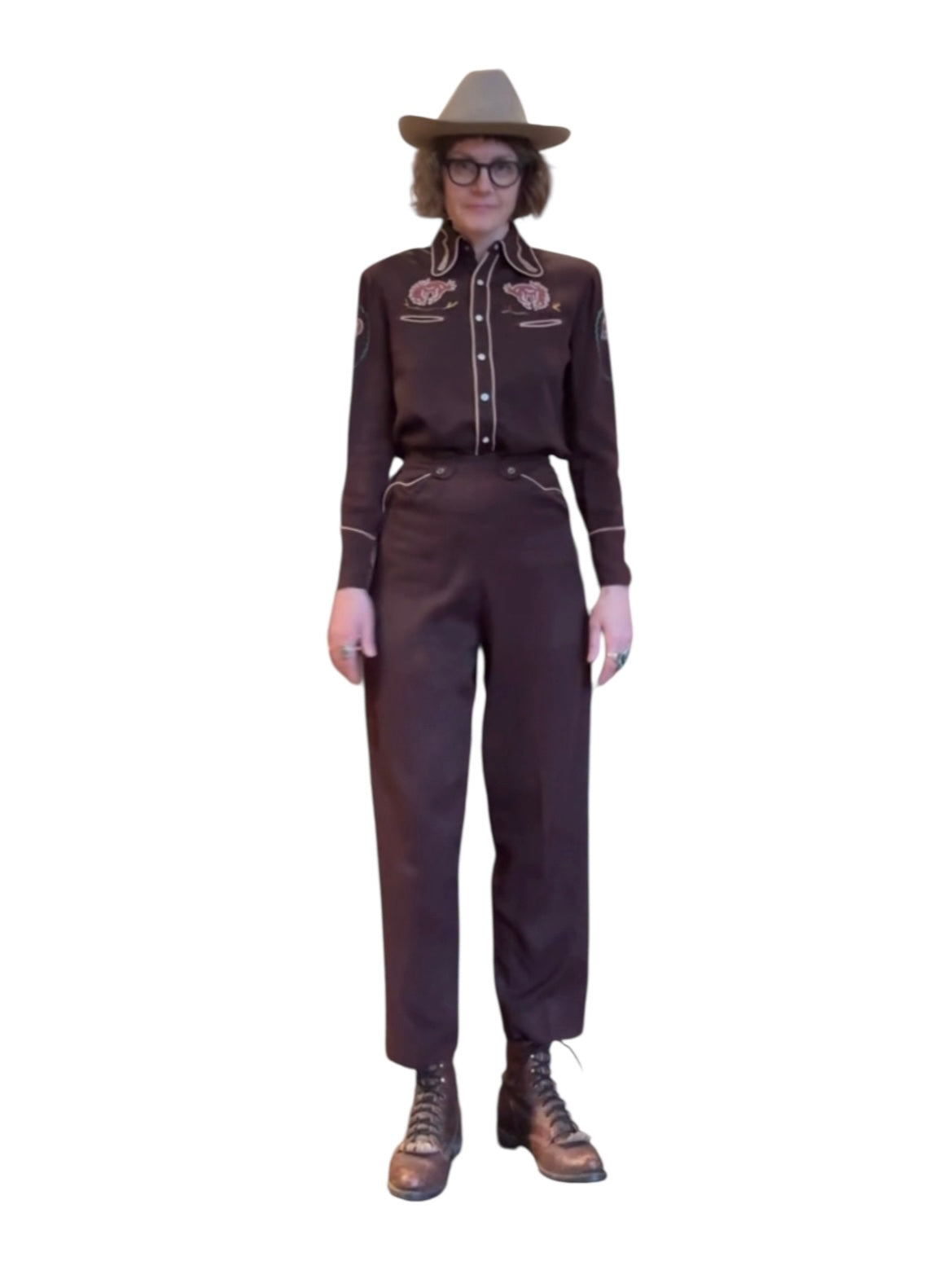 On Body Shot of Vintage Ladies 40s Era Shirley Jo Originals Rayon Gabardine 2 Piece Set SZ S