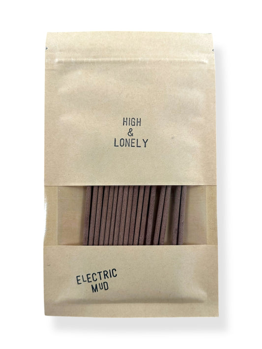 Front View of Electric Mud Incense from High & Lonely, available at Seattle's Best Vintage Clothing Store--Barn Owl Vintage Goods