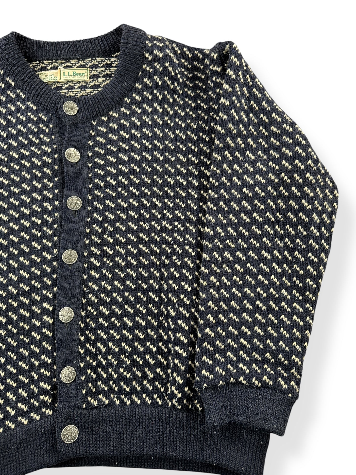 Front Left View of Vintage Men's L.L. Bean Norwegian Birdseye Cardigan SZ M