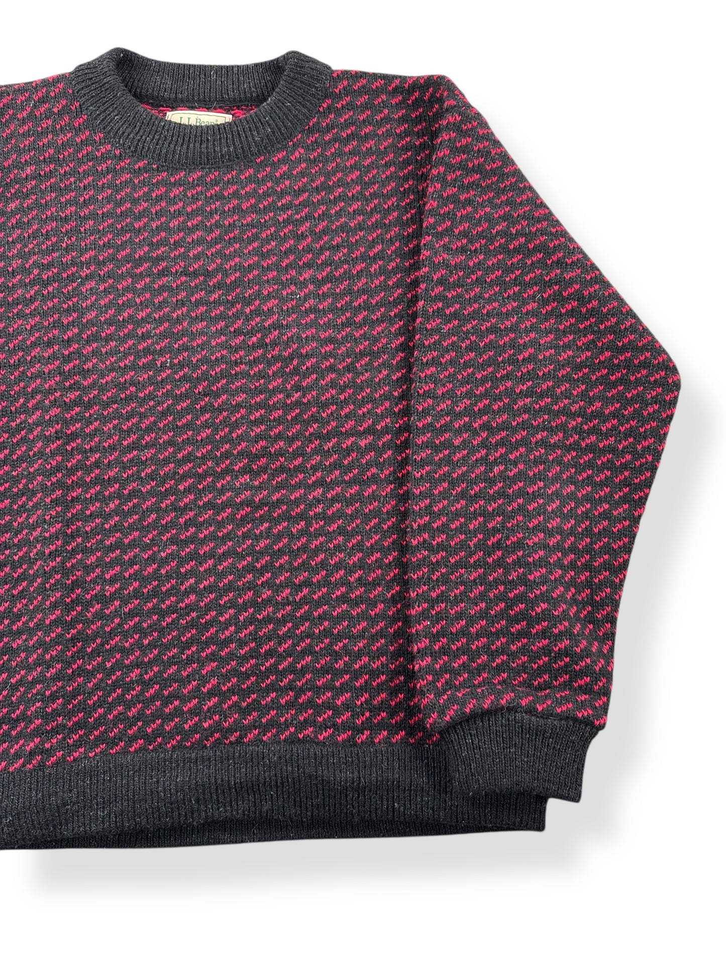 Front Left View of Vintage L.L. Bean Red & Black Norwegian Birdseye Sweater SZ L