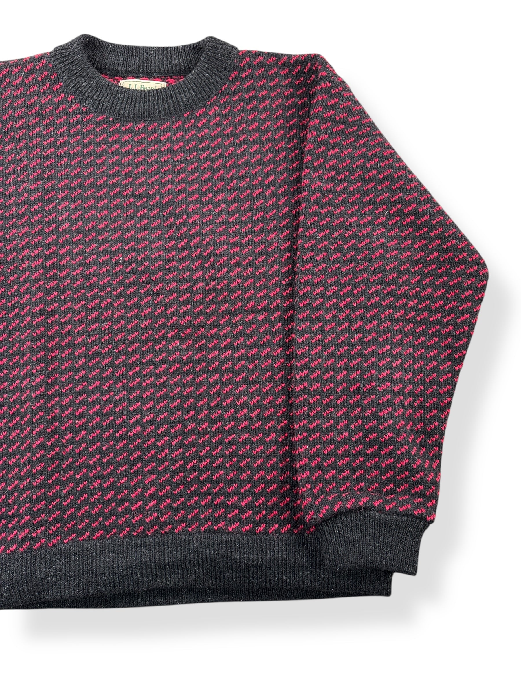 Front Left View of Vintage L.L. Bean Red & Black Norwegian Birdseye Sweater SZ L