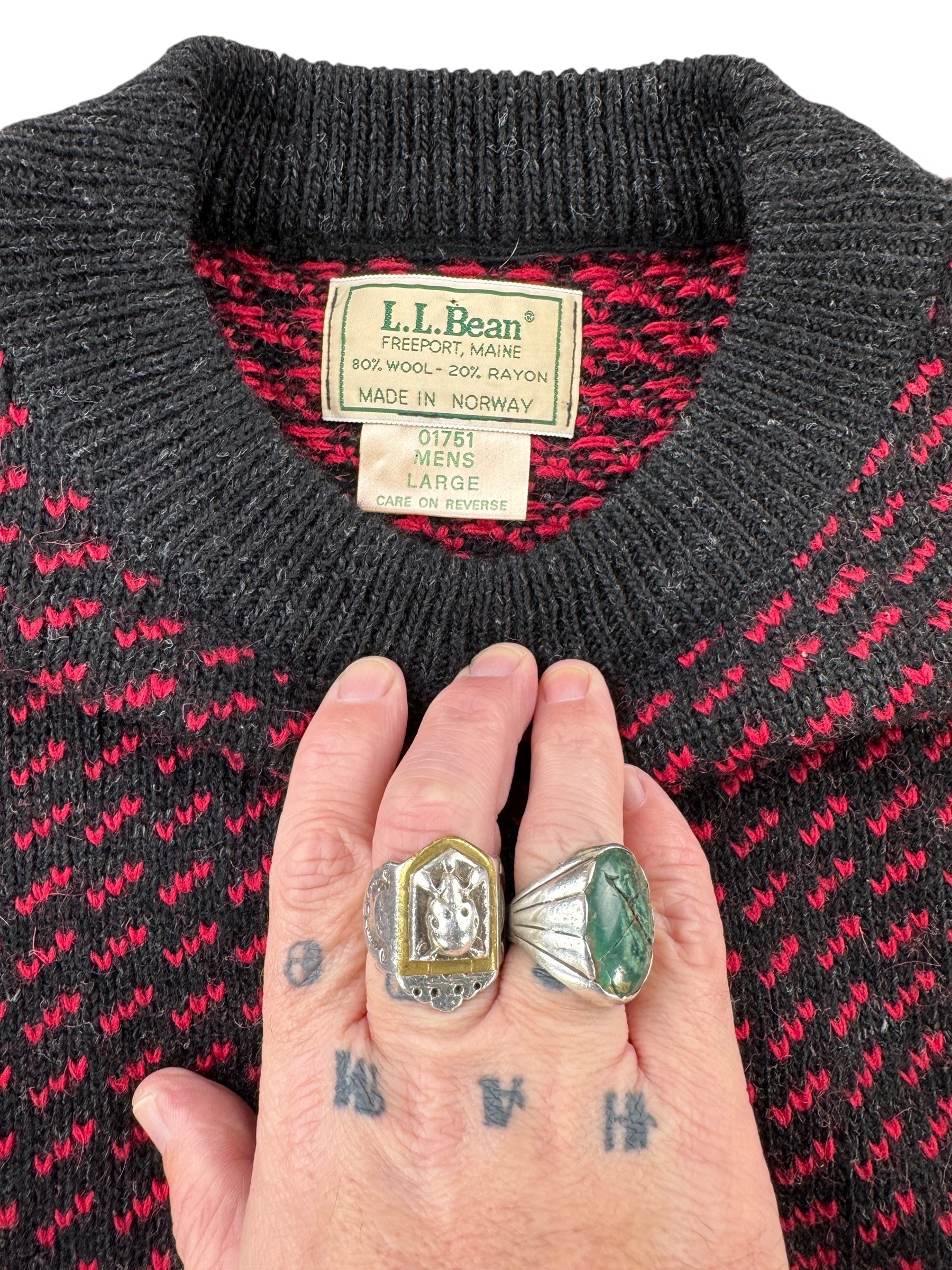 Tag View of Vintage L.L. Bean Red & Black Norwegian Birdseye Sweater SZ L