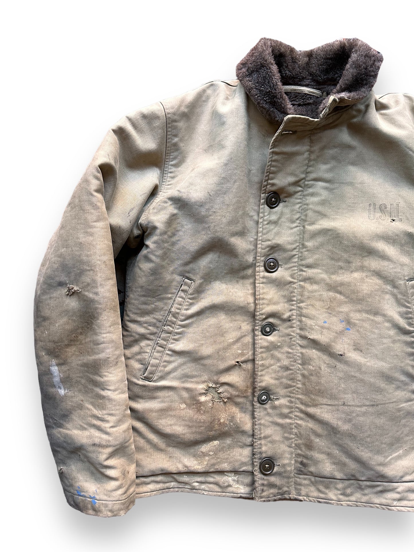 Front Left View of Vintage USS Shangri La WWII N-1 Deck Jacket SZ 38 |  Vintage Military N1 Deck Jacket Seattle |  Barn Owl Vintage Seattle