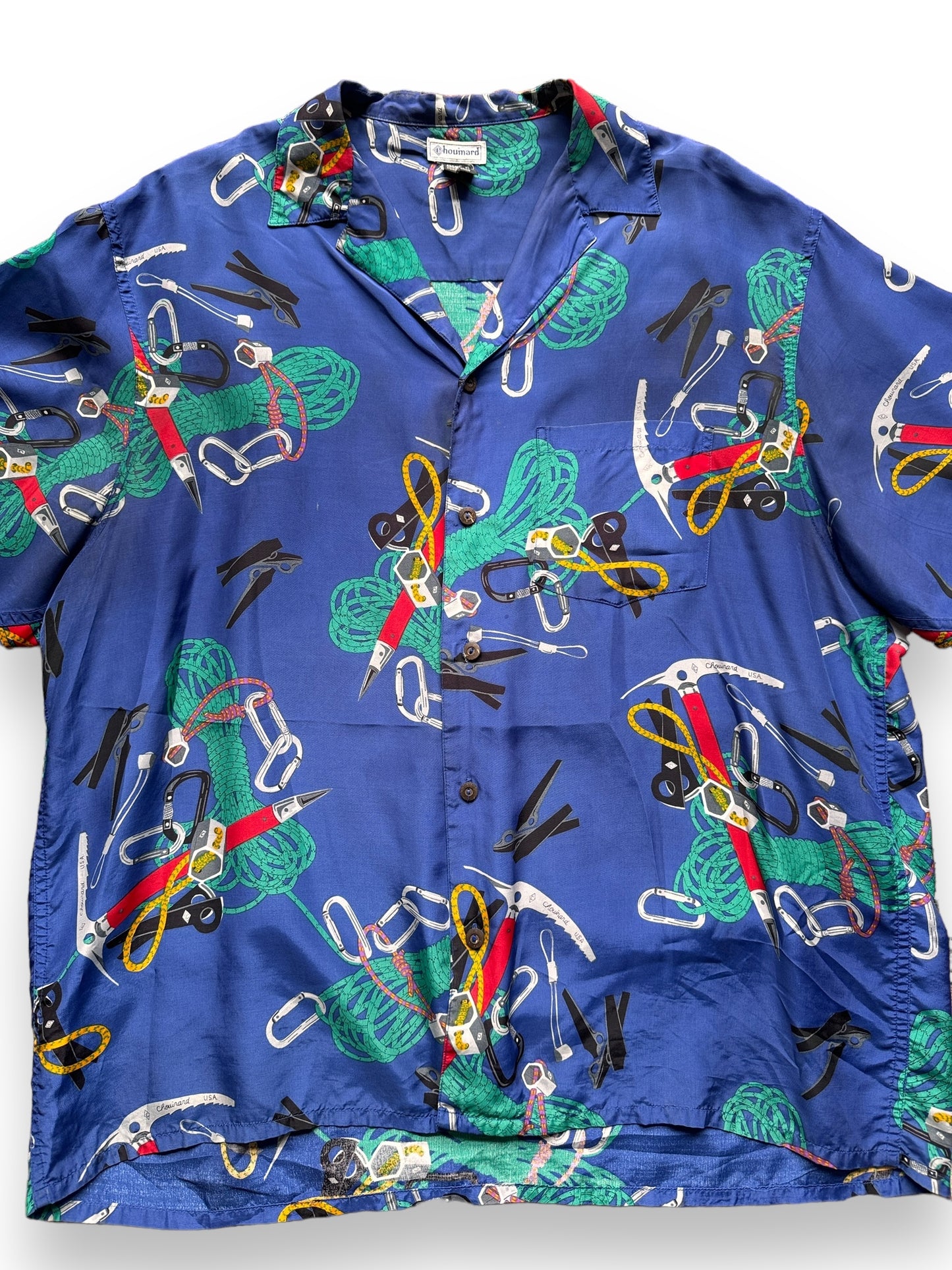 front close up of Vintage Chouinard Climbing Gear Motif Rayon Aloha Shirt SZ XL