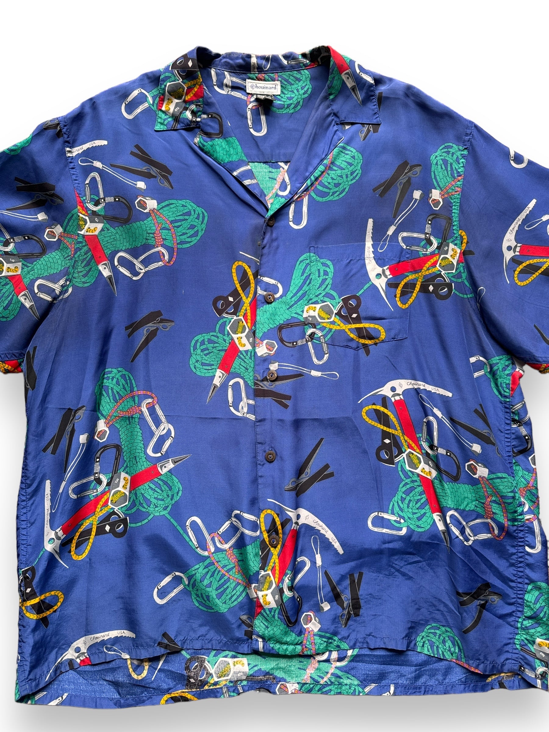 front close up of Vintage Chouinard Climbing Gear Motif Rayon Aloha Shirt SZ XL