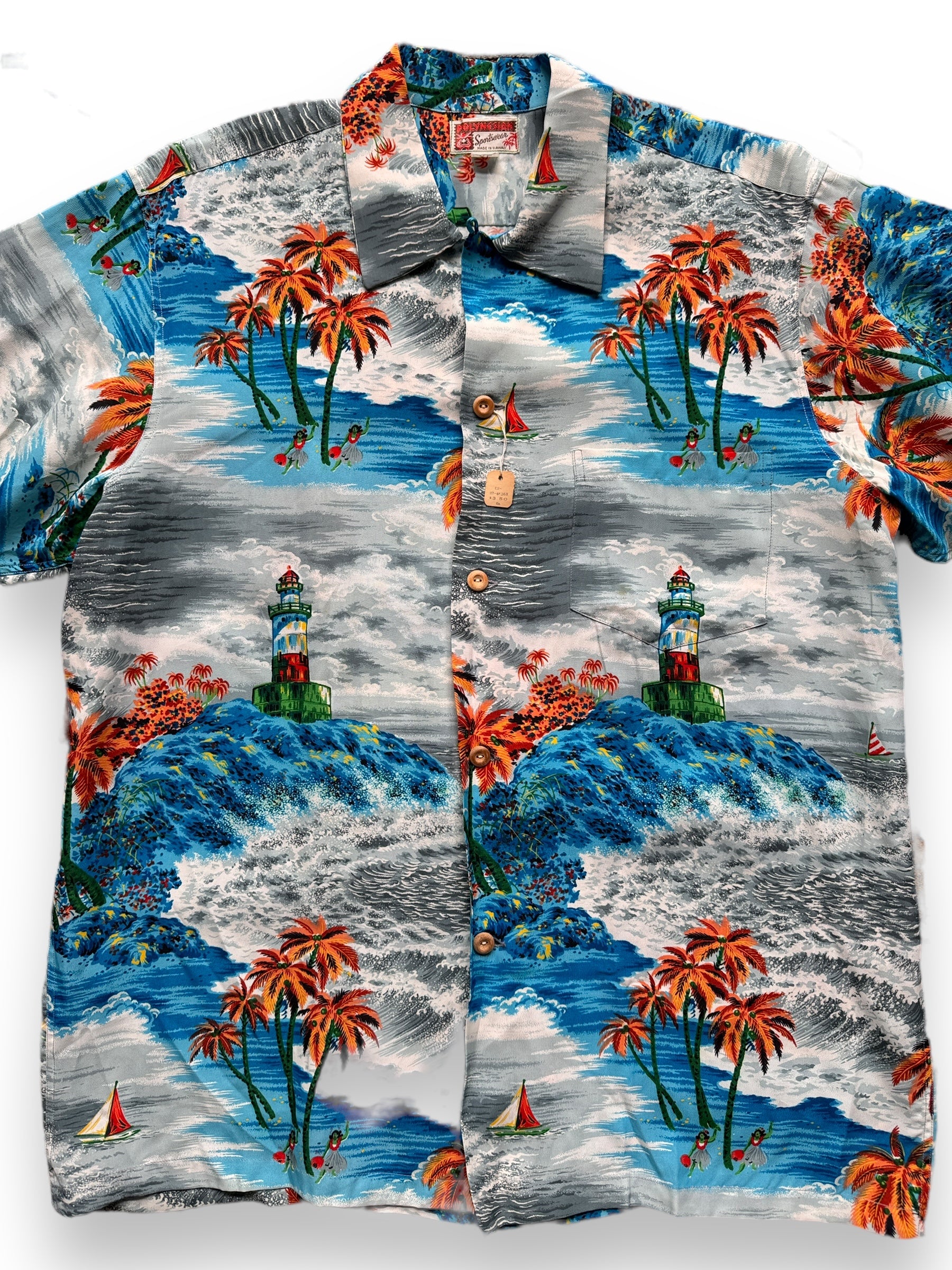 front close up of Vintage NOS Polynesian Sportswear Lighthouse Motif Aloha Shirt SZ XL