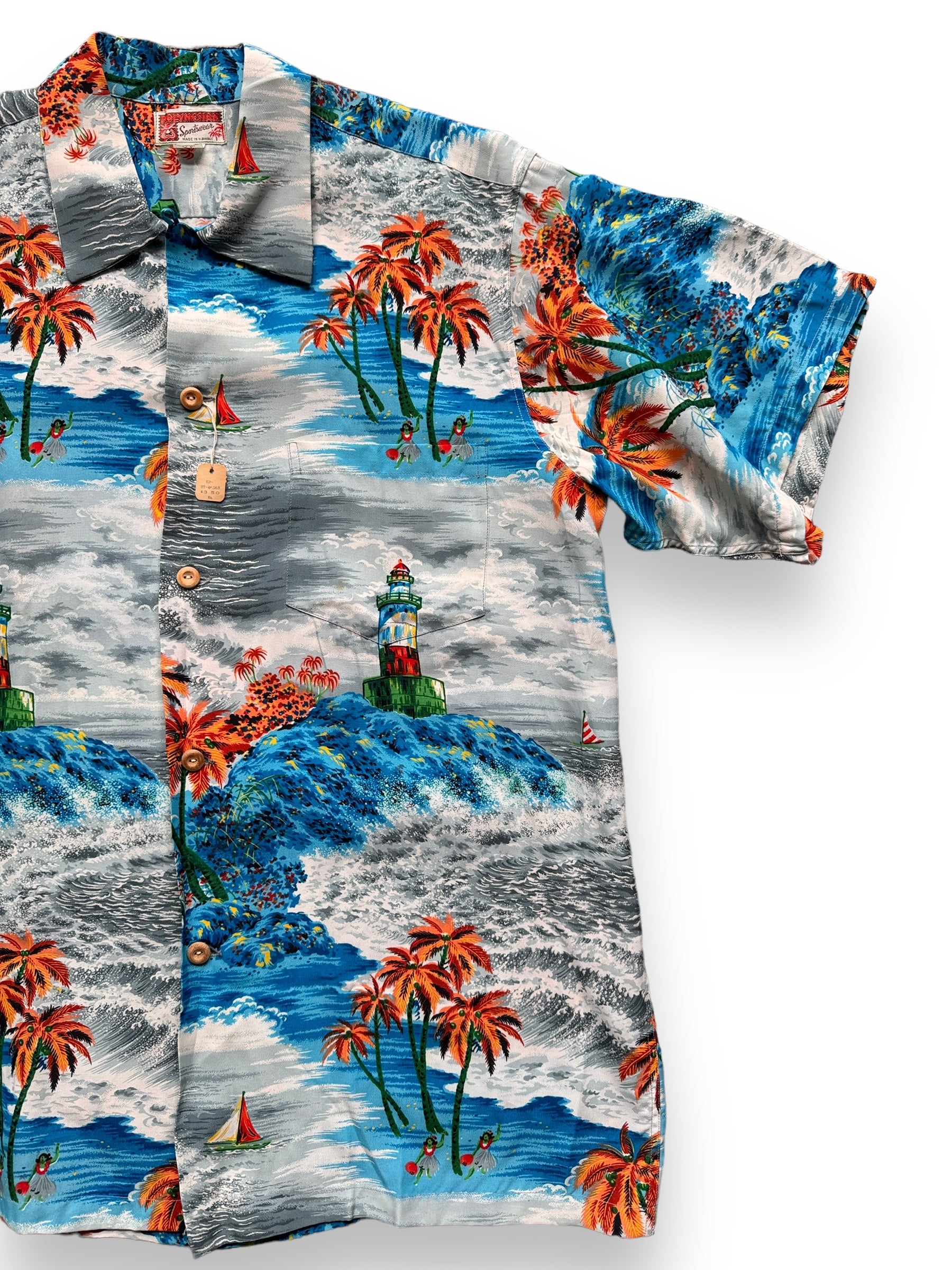 front left of Vintage NOS Polynesian Sportswear Lighthouse Motif Aloha Shirt SZ XL