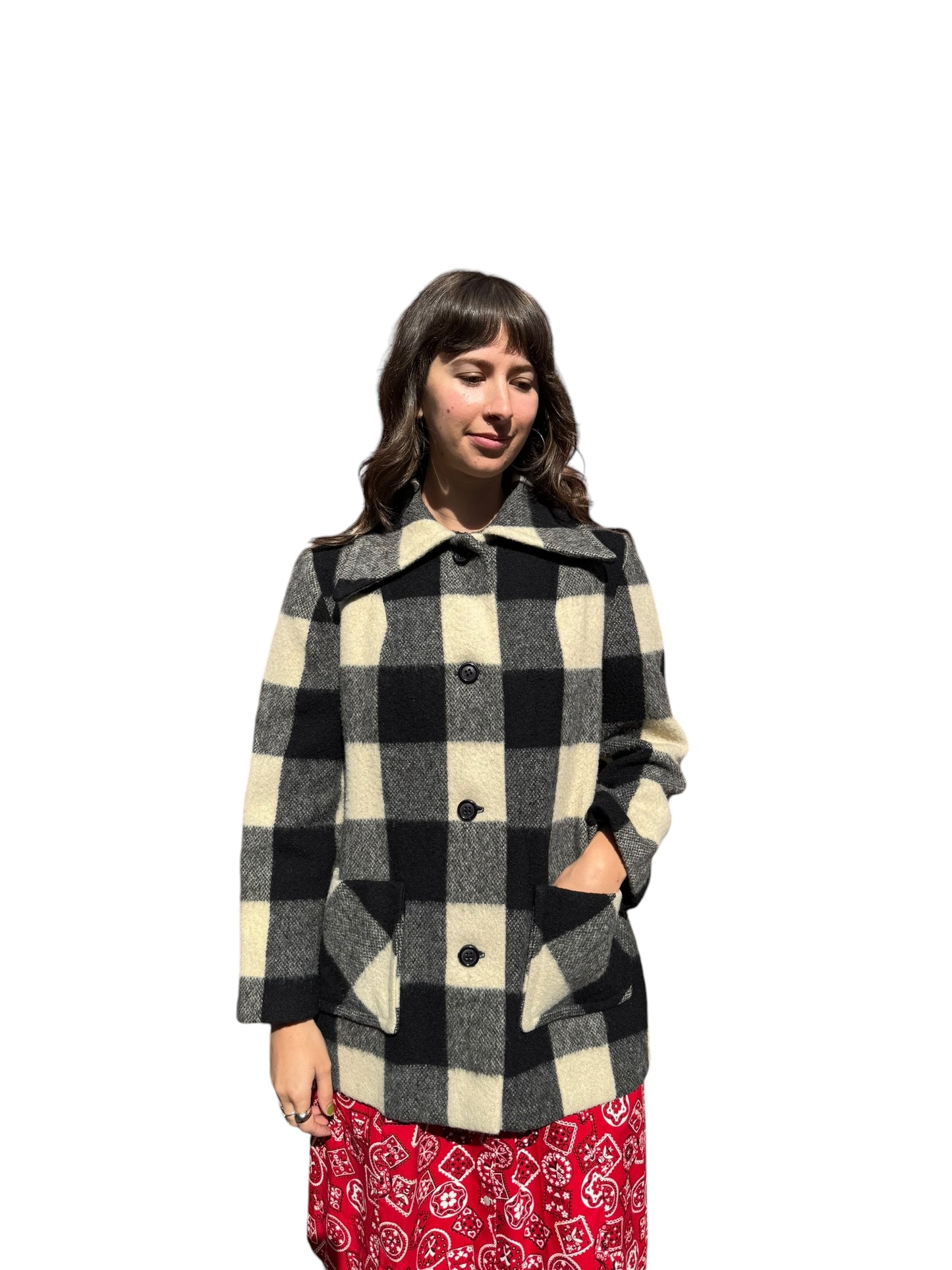 Front model view of 1960s Marjone Black and White Coat L