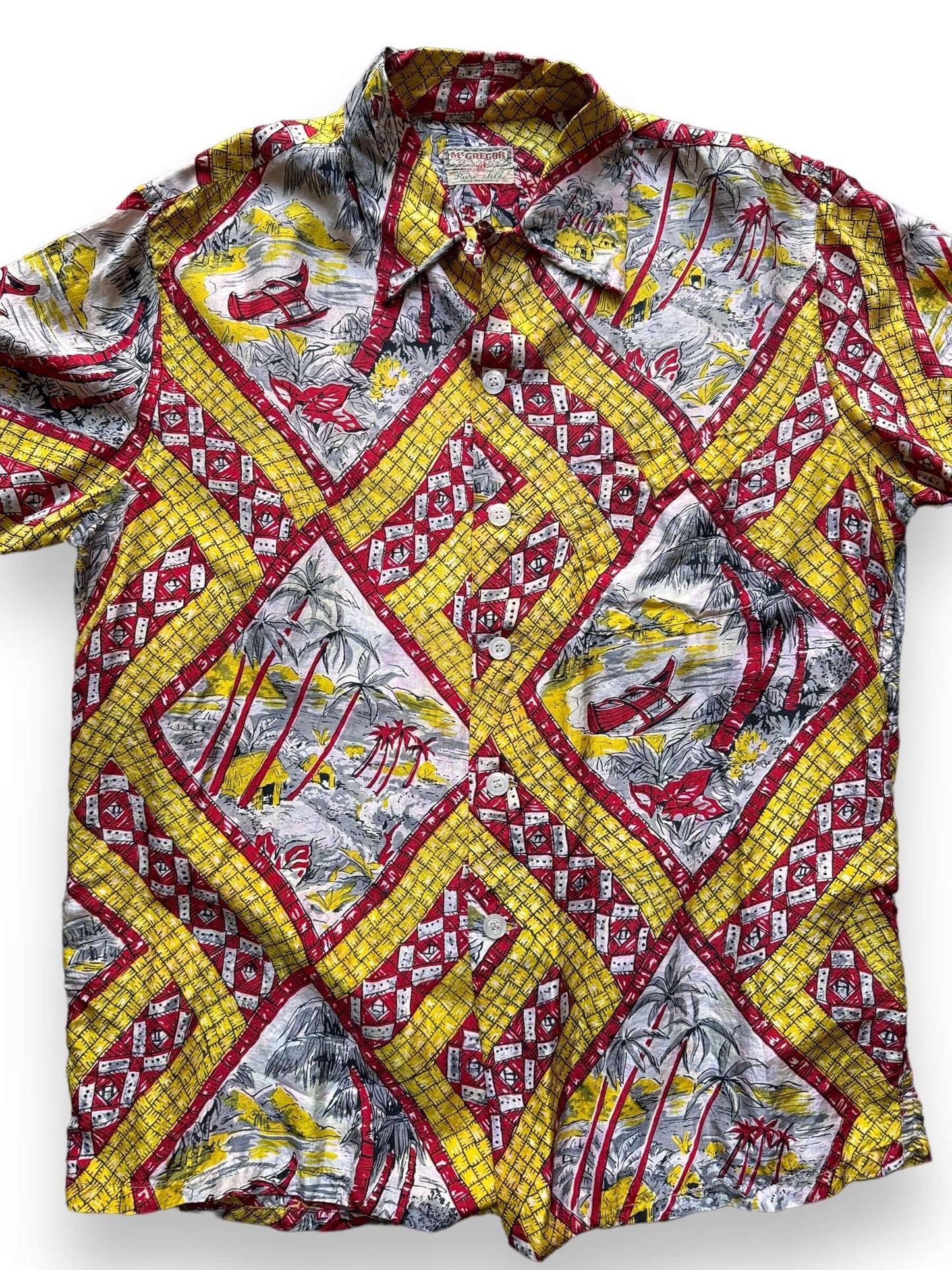 front close up of Vintage McGregor Made in USA Silk Aloha Shirt SZ XL