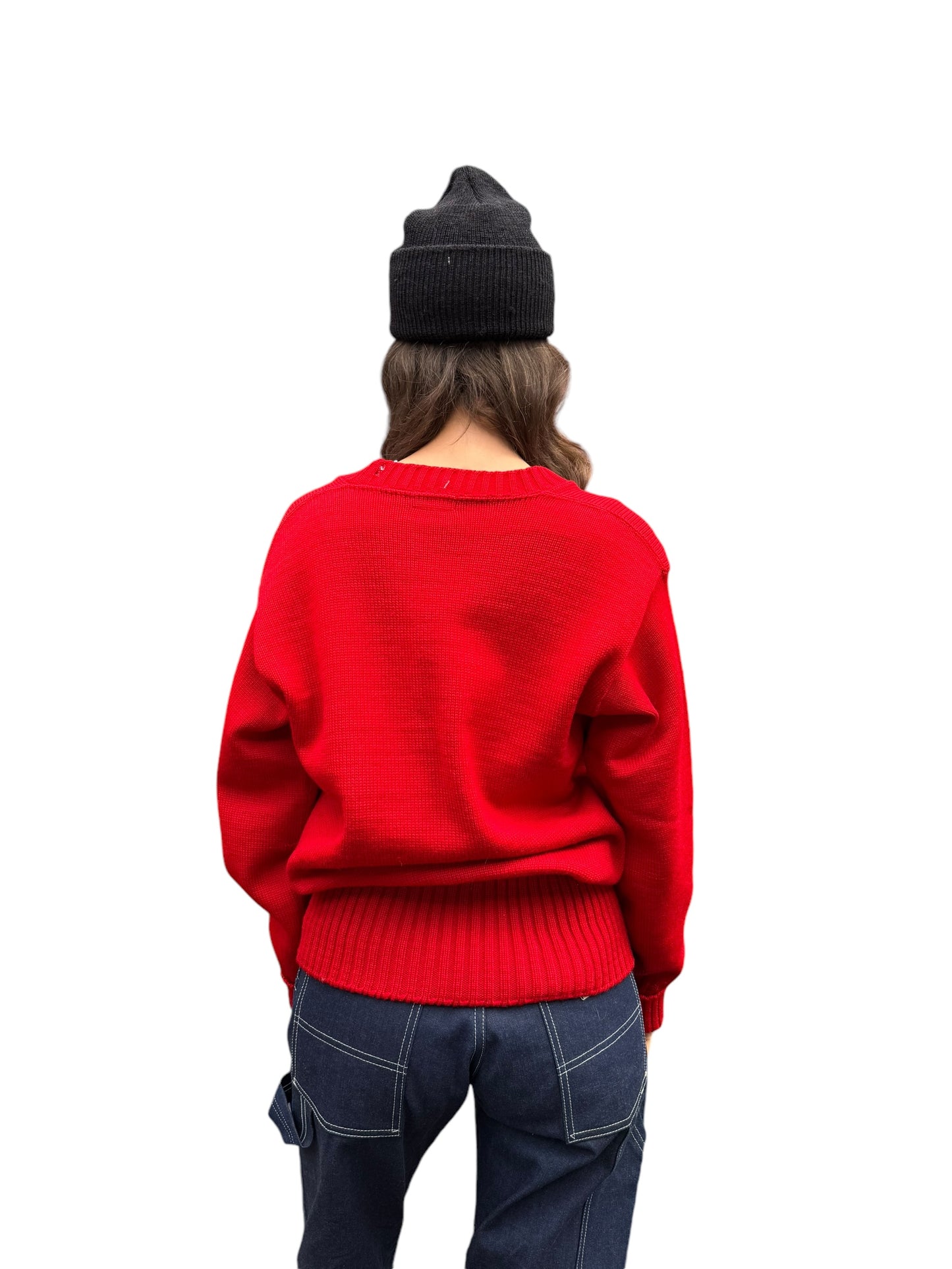 Back view of 1950s Sand Knit Red Wool Sweater M