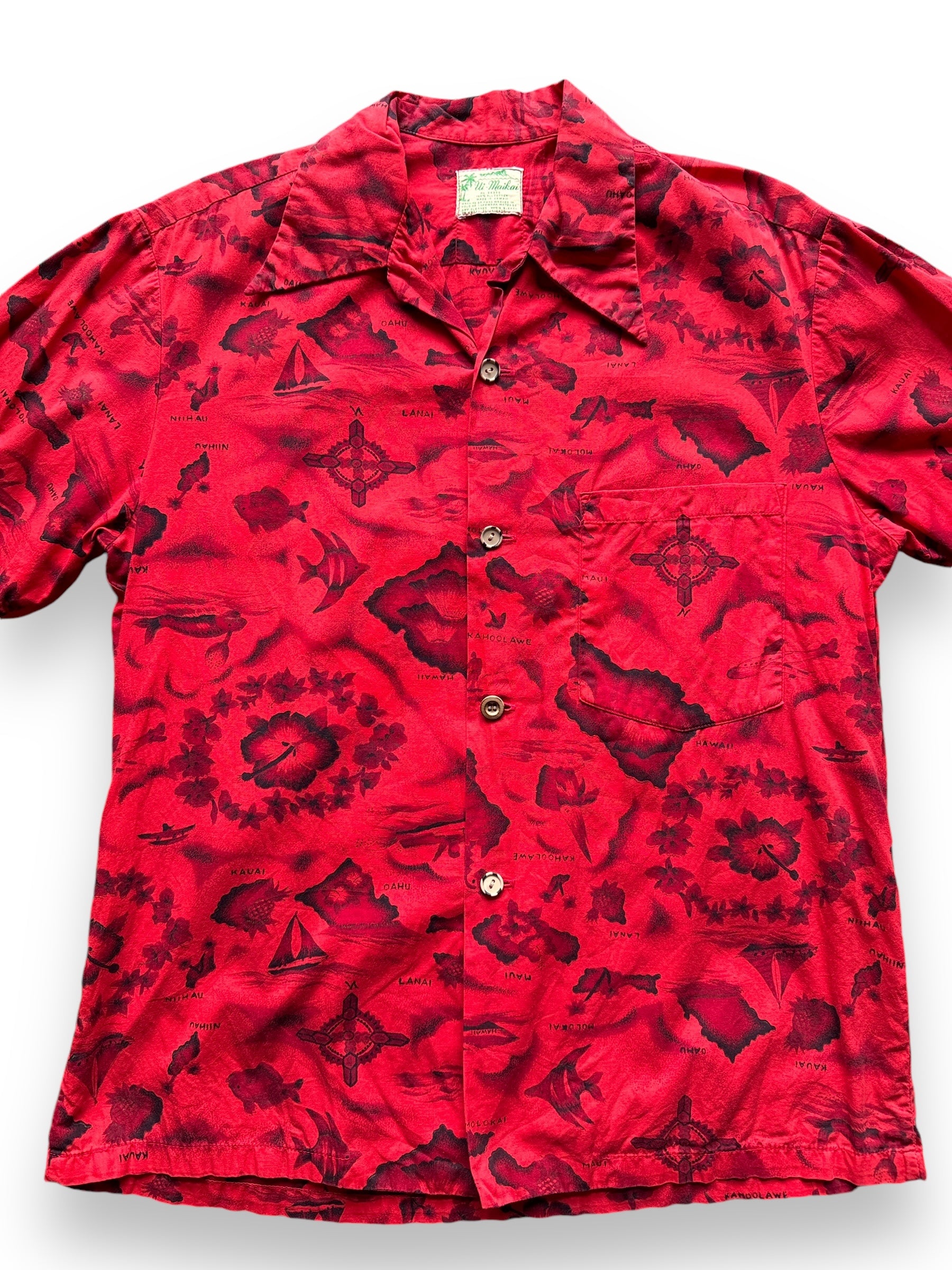 front close up of Vintage Ui-Maikai Red Aloha Shirt SZ L