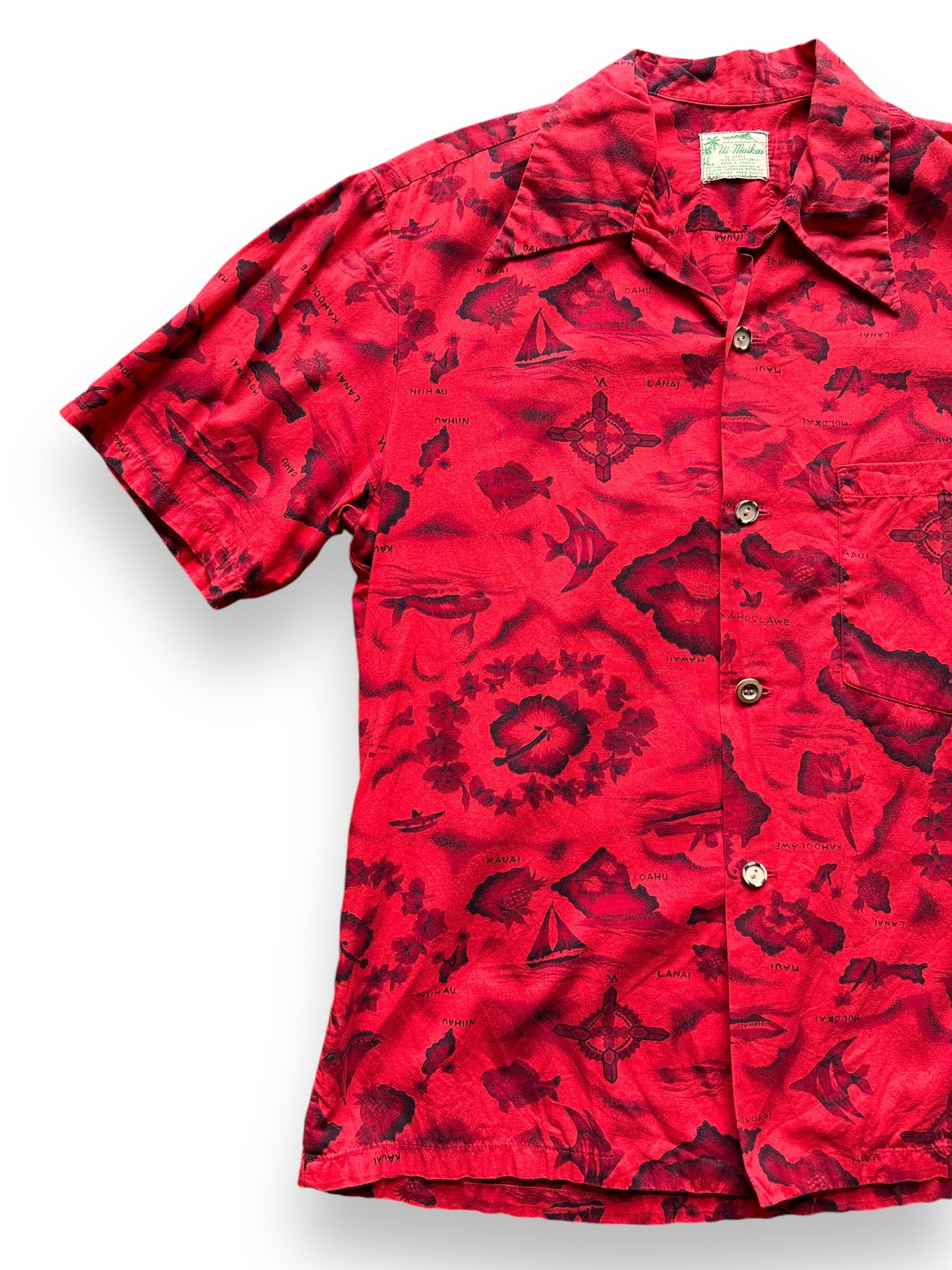 front right of Vintage Ui-Maikai Red Aloha Shirt SZ L