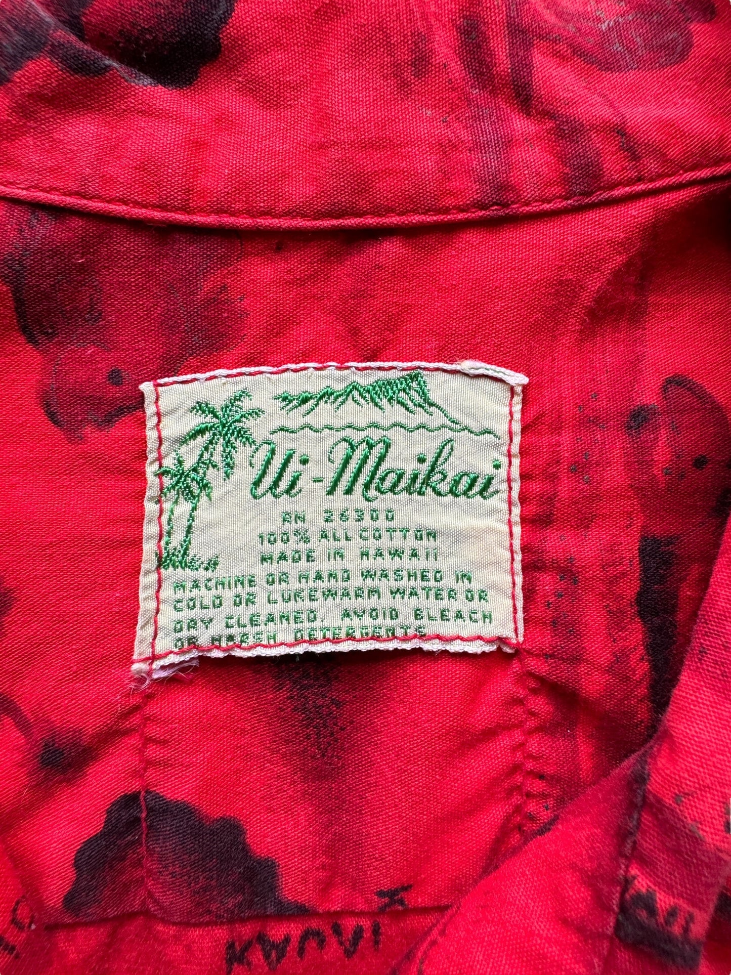 tag on Vintage Ui-Maikai Red Aloha Shirt SZ L