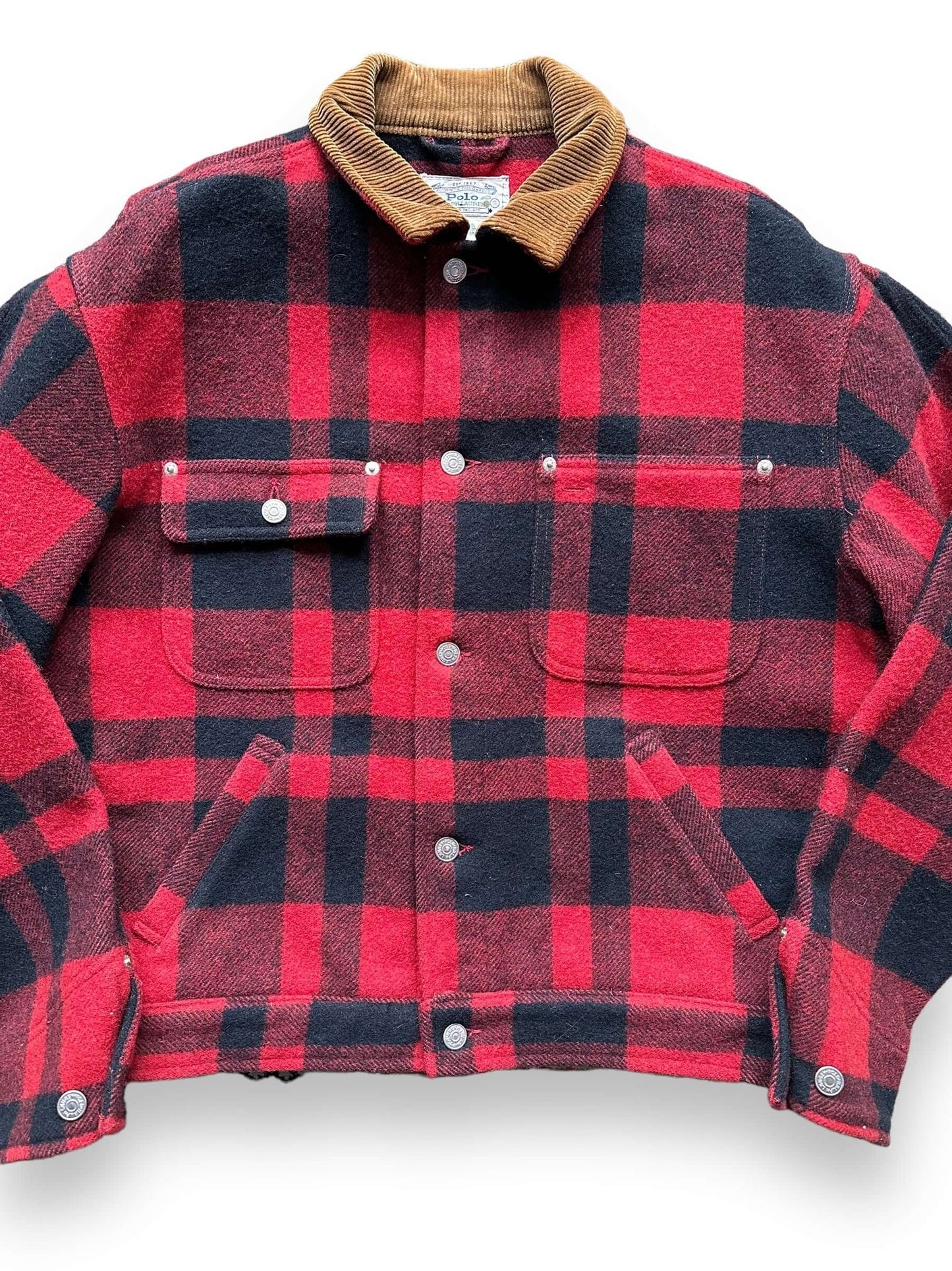 front close up of Vintage Polo Ralph Lauren Buffalo Plaid Wool Work Jacket SZ S | Vintage Work Jacket Seattle | Seattle Vintage Clothing