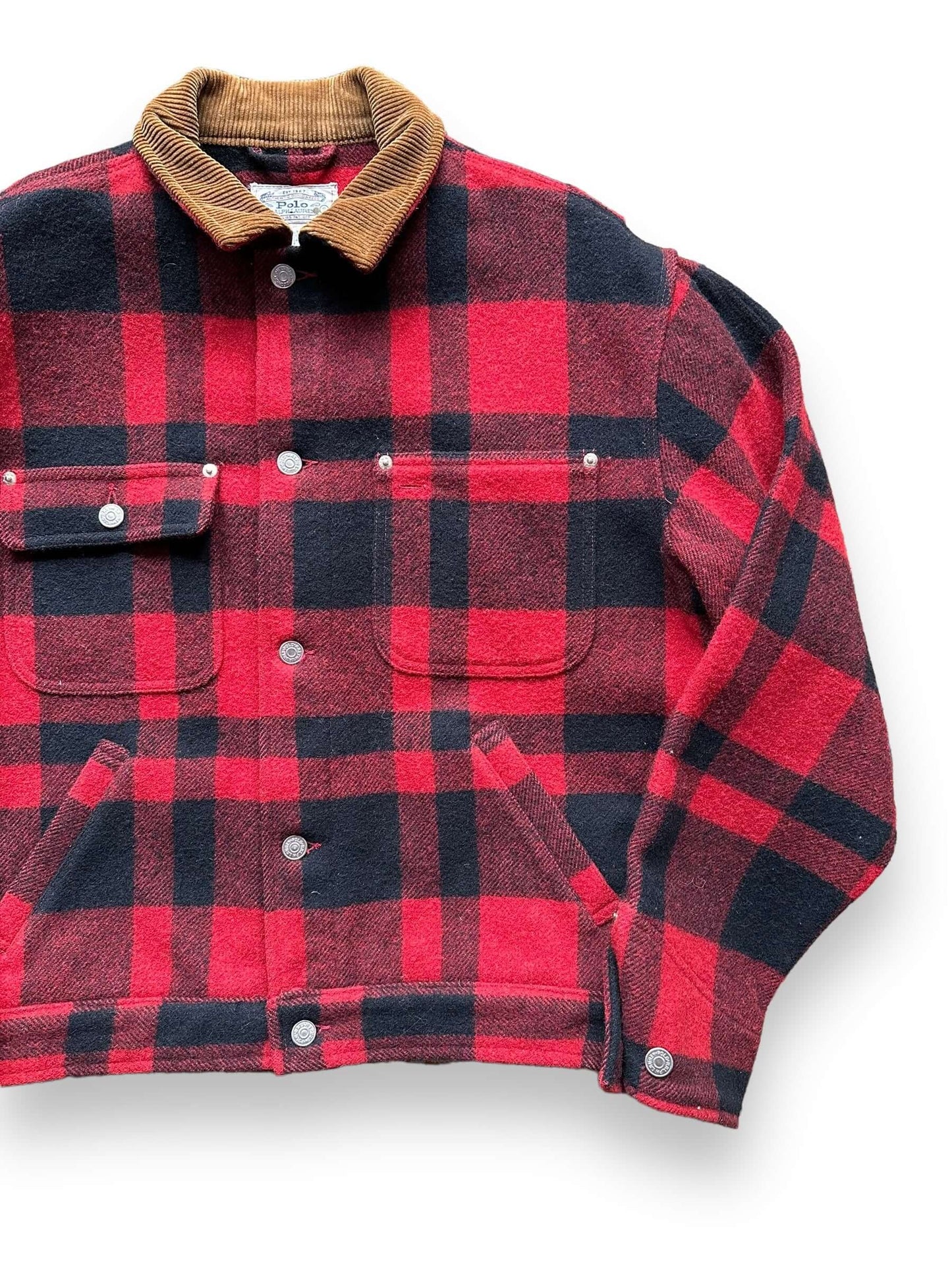 front left of Vintage Polo Ralph Lauren Buffalo Plaid Wool Work Jacket SZ S | Vintage Work Jacket Seattle | Seattle Vintage Clothing