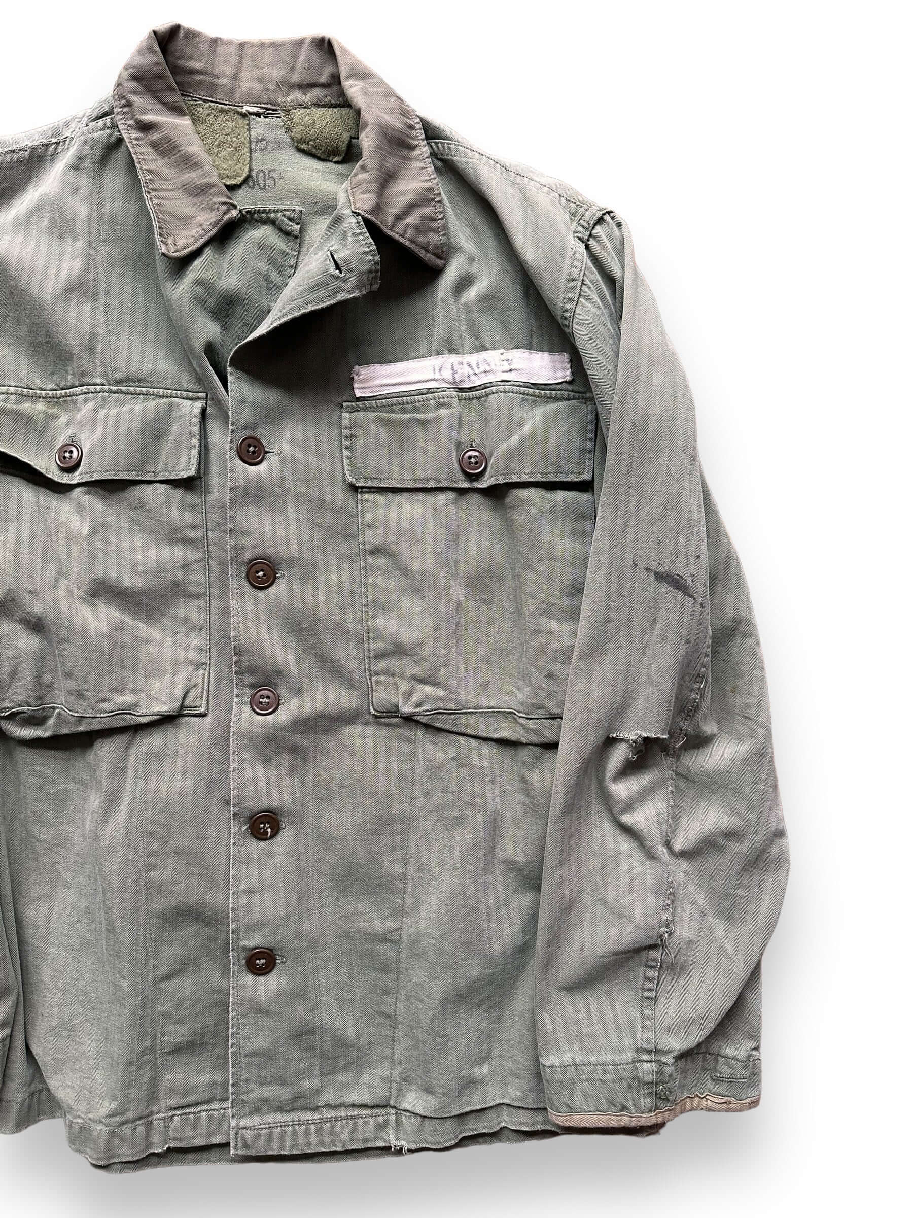 front left of Vintage HBT "Kenny" Repaired Jacket SZ L | Vintage Military Jackets Seattle | Barn Owl Vintage Clothing Seattle