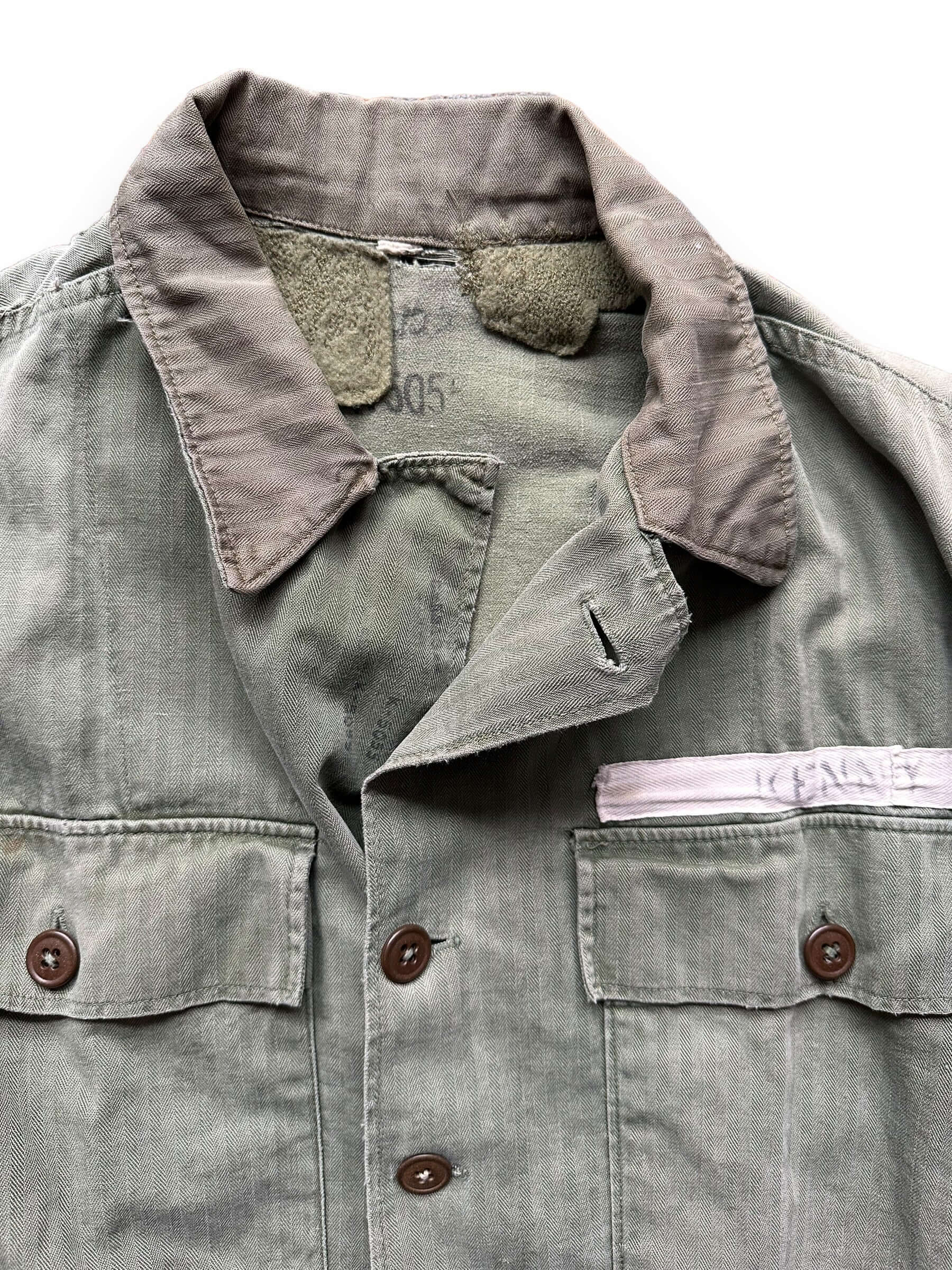 collar of Vintage HBT "Kenny" Repaired Jacket SZ L | Vintage Military Jackets Seattle | Barn Owl Vintage Clothing Seattle