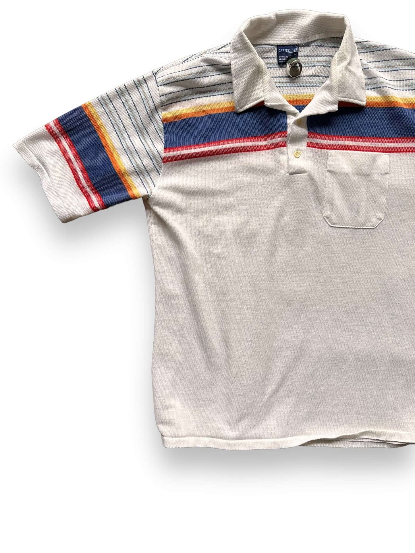 front right of Vintage Career Club Striped Polo Shirt SZ L | Vintage Polo Shirt Seattle | Barn Owl Vintage Seattle