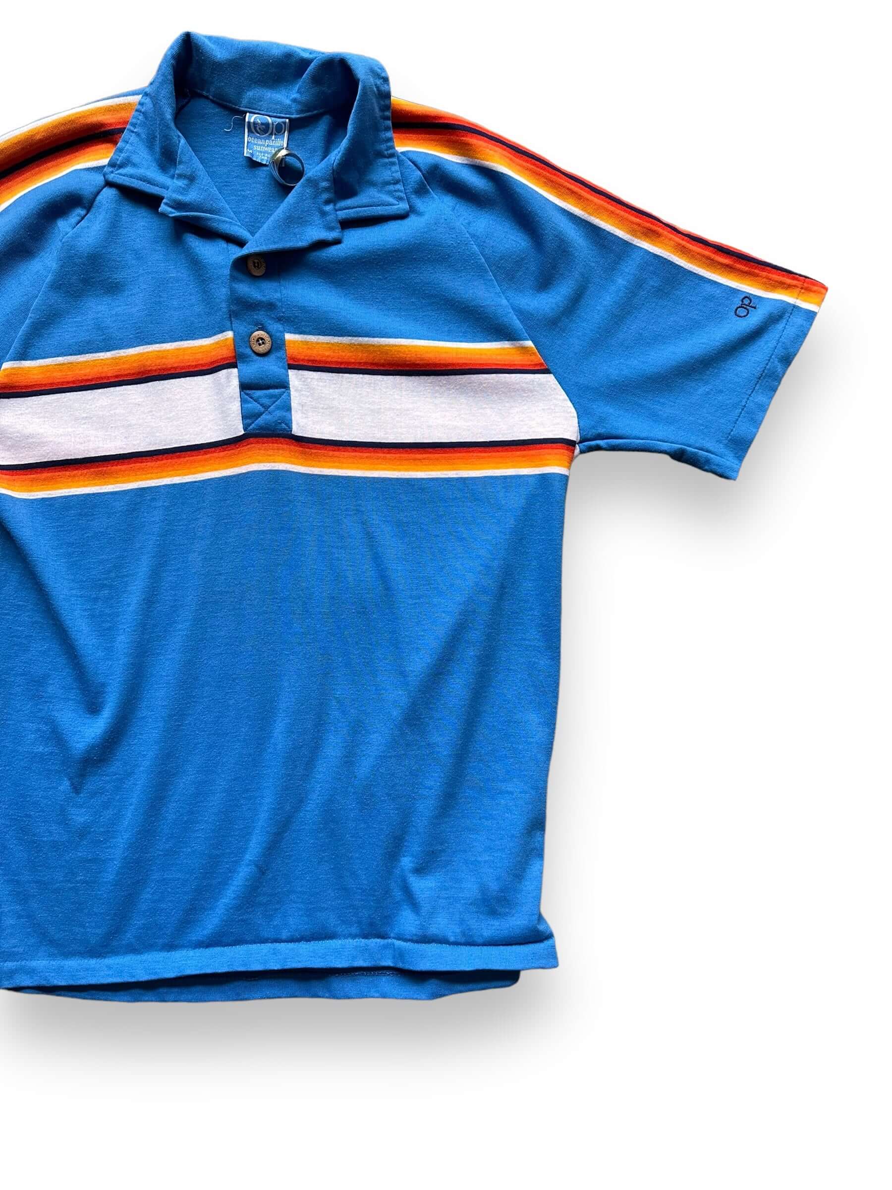 front left of Vintage Ocean Pacific Striped Polo Shirt SZ M | Vintage Polo Shirt Seattle | Barn Owl Vintage Seattle