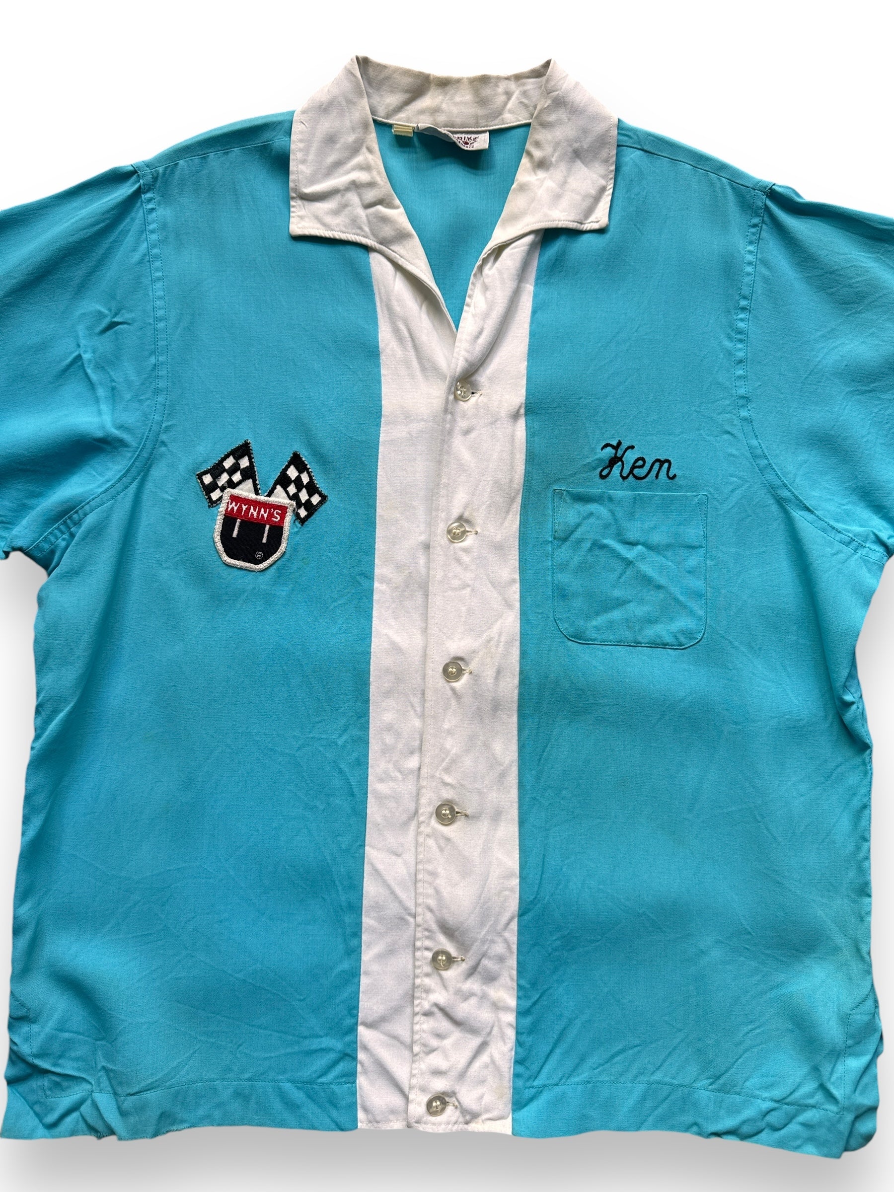 front close up of Vintage Wynn's Bowling Shirt SZ L