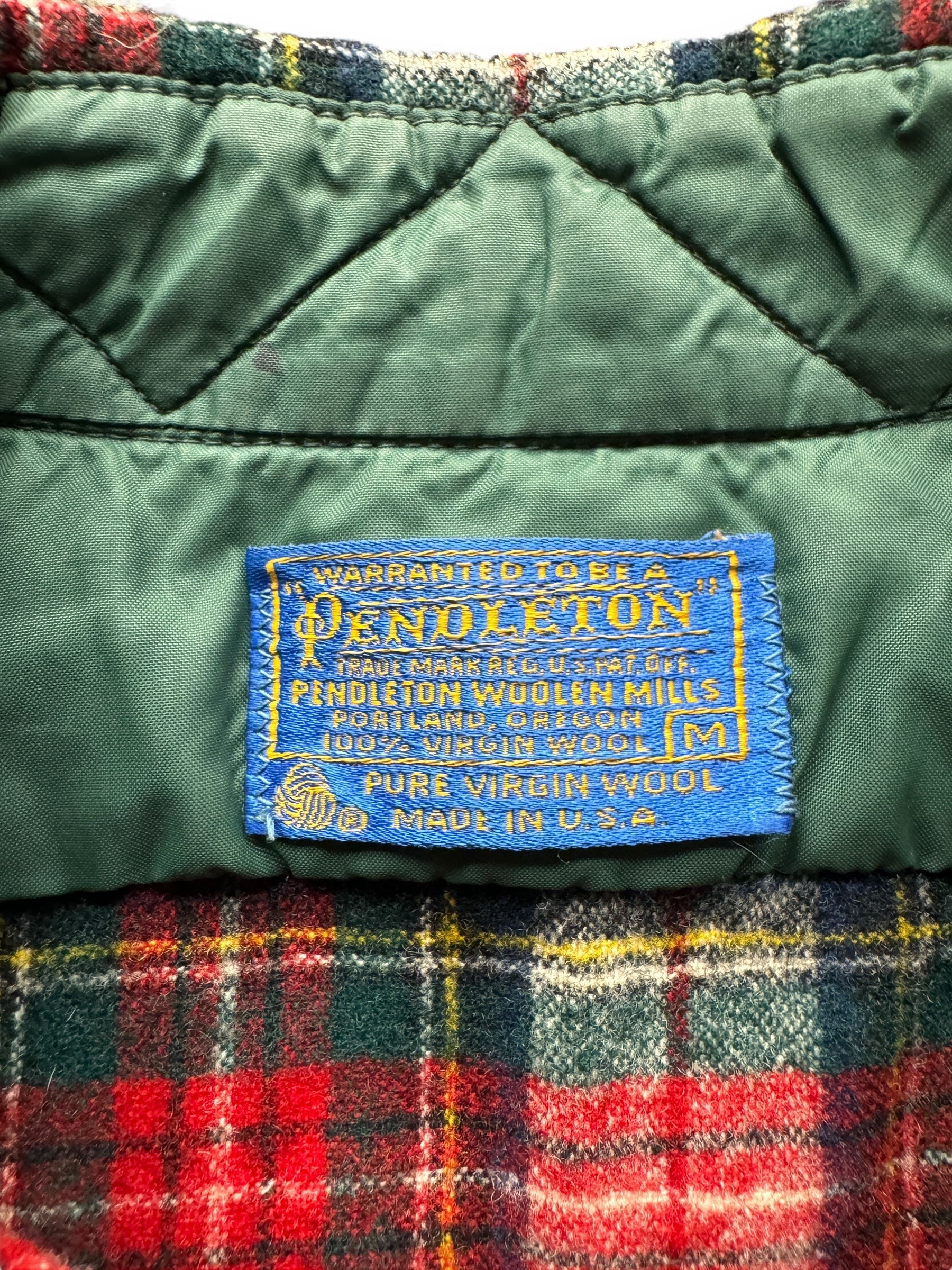 tag on Vintage Pendleton Red/Green Wool Flannel SZ M