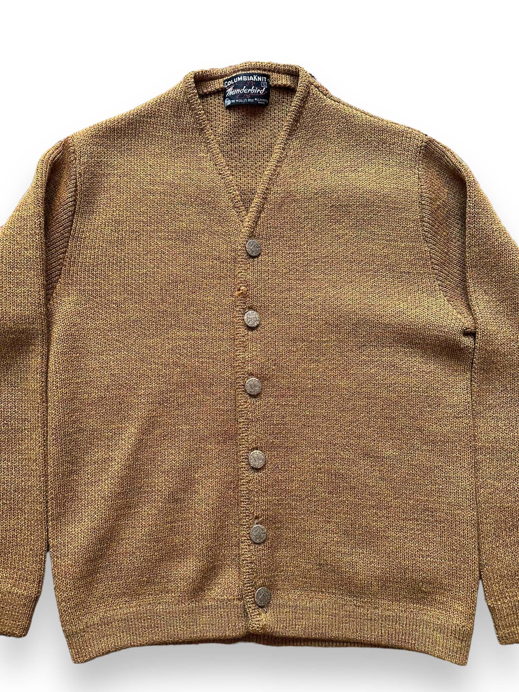 front close up of Vintage 1950s Columbia Knit Thunderbird Gold Wool Cardigan SZ S