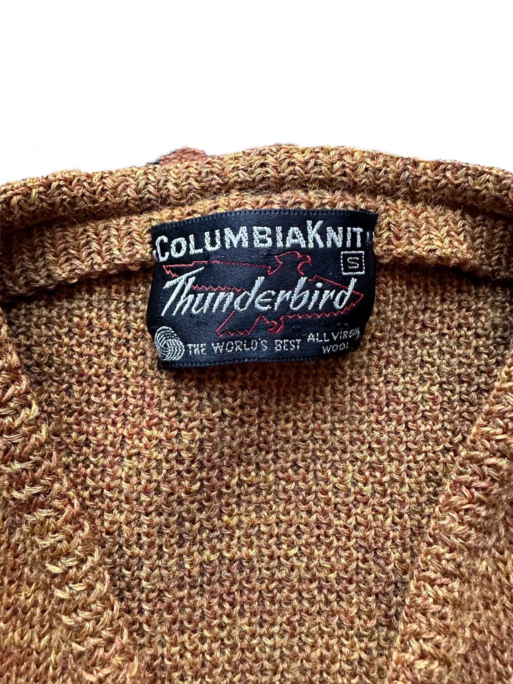 tag on Vintage 1950s Columbia Knit Thunderbird Gold Wool Cardigan SZ S