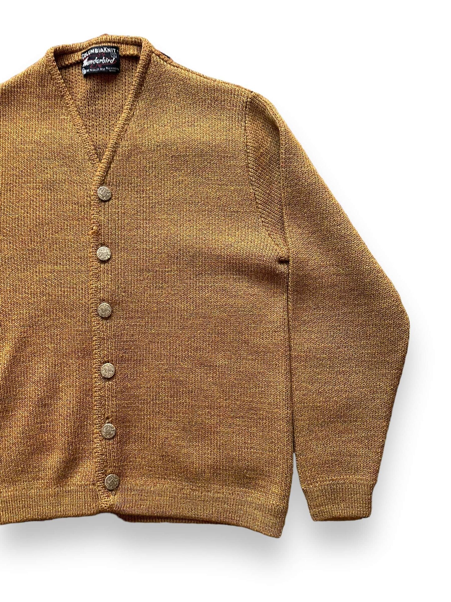 front left of Vintage 1950s Columbia Knit Thunderbird Gold Wool Cardigan SZ S