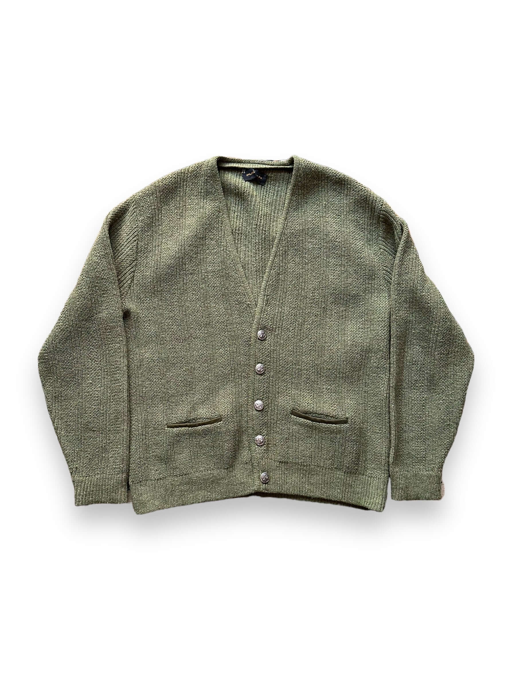 front of Vintage 1960s Puritan Olive Green Wool Cardigan SZ L