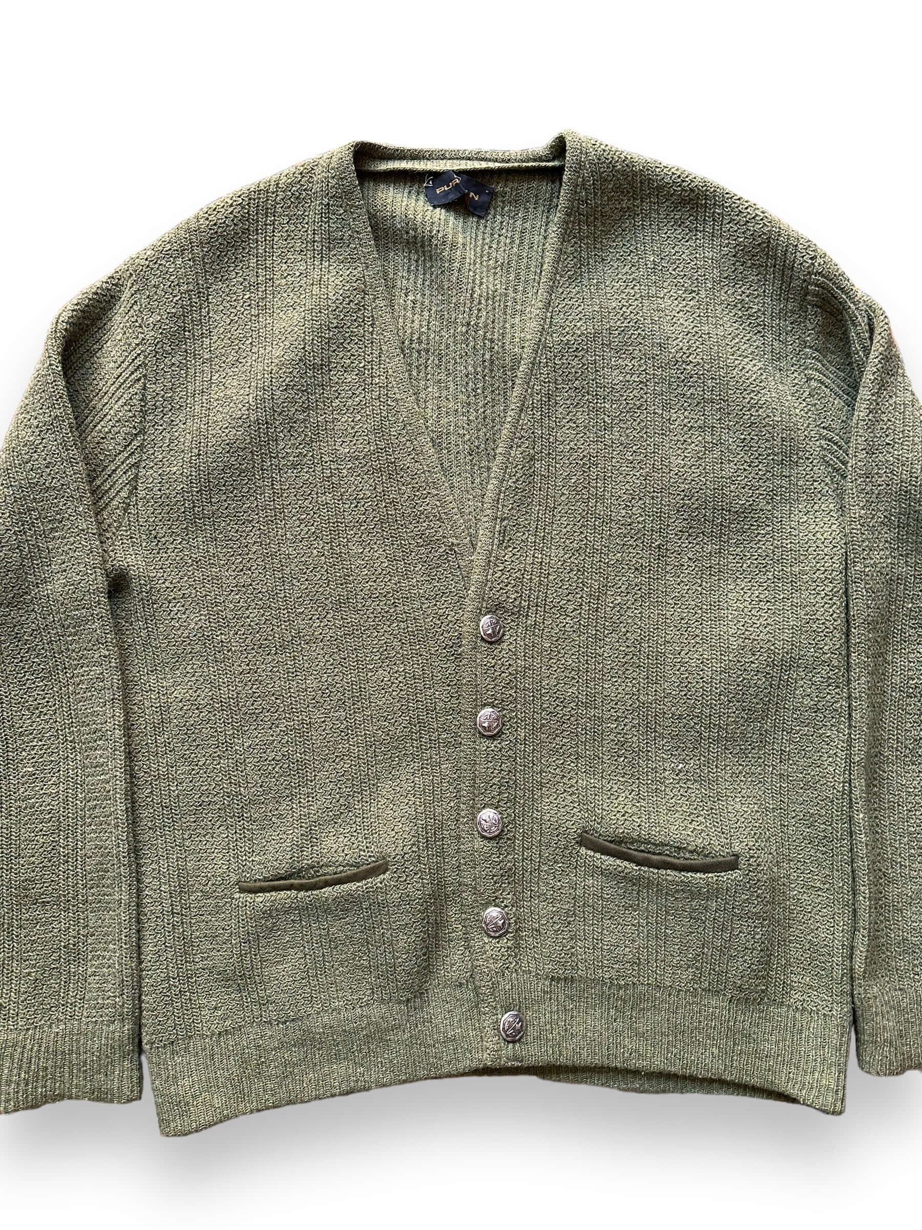 front close up of Vintage 1960s Puritan Olive Green Wool Cardigan SZ L