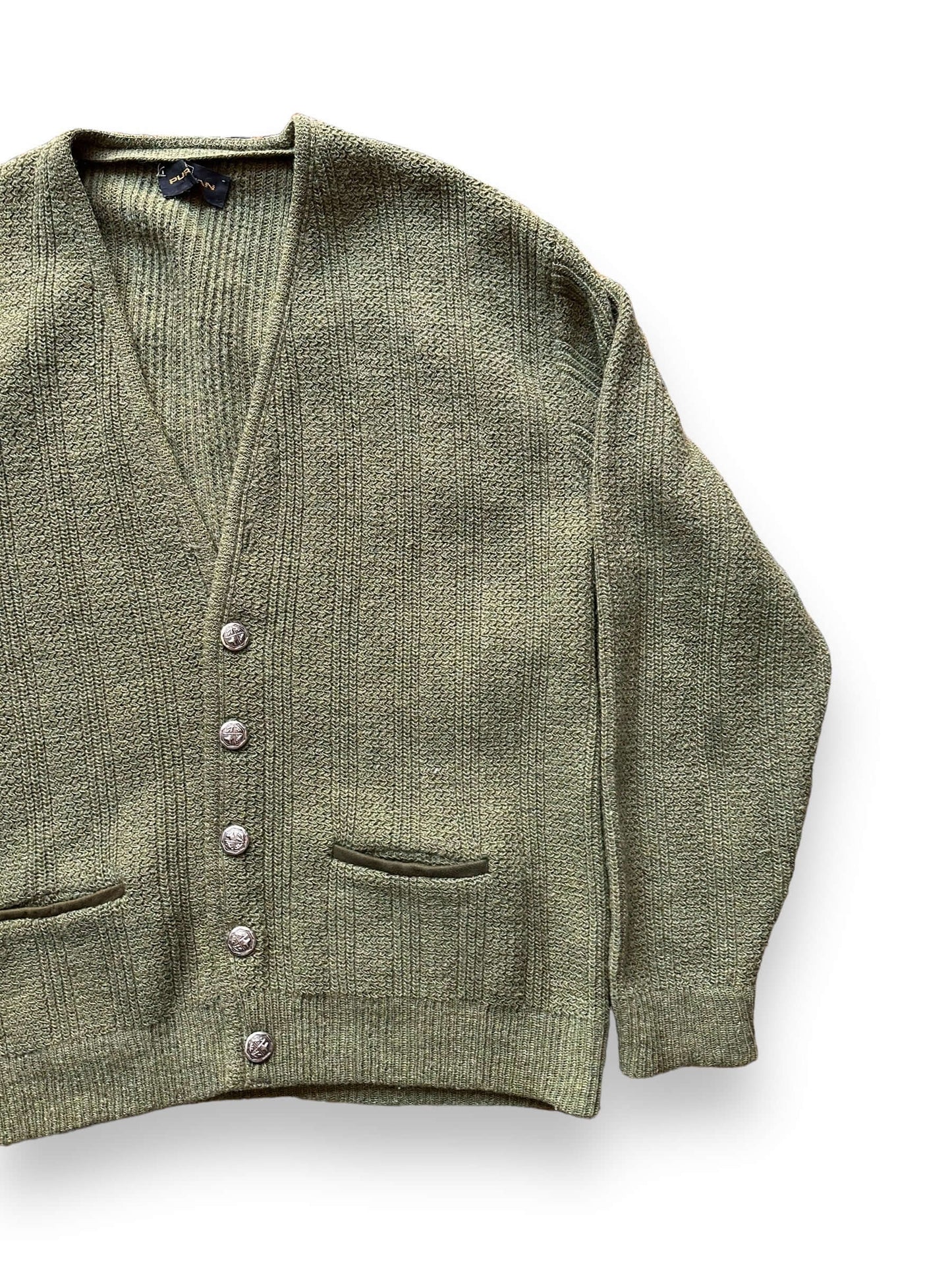 front left of Vintage 1960s Puritan Olive Green Wool Cardigan SZ L