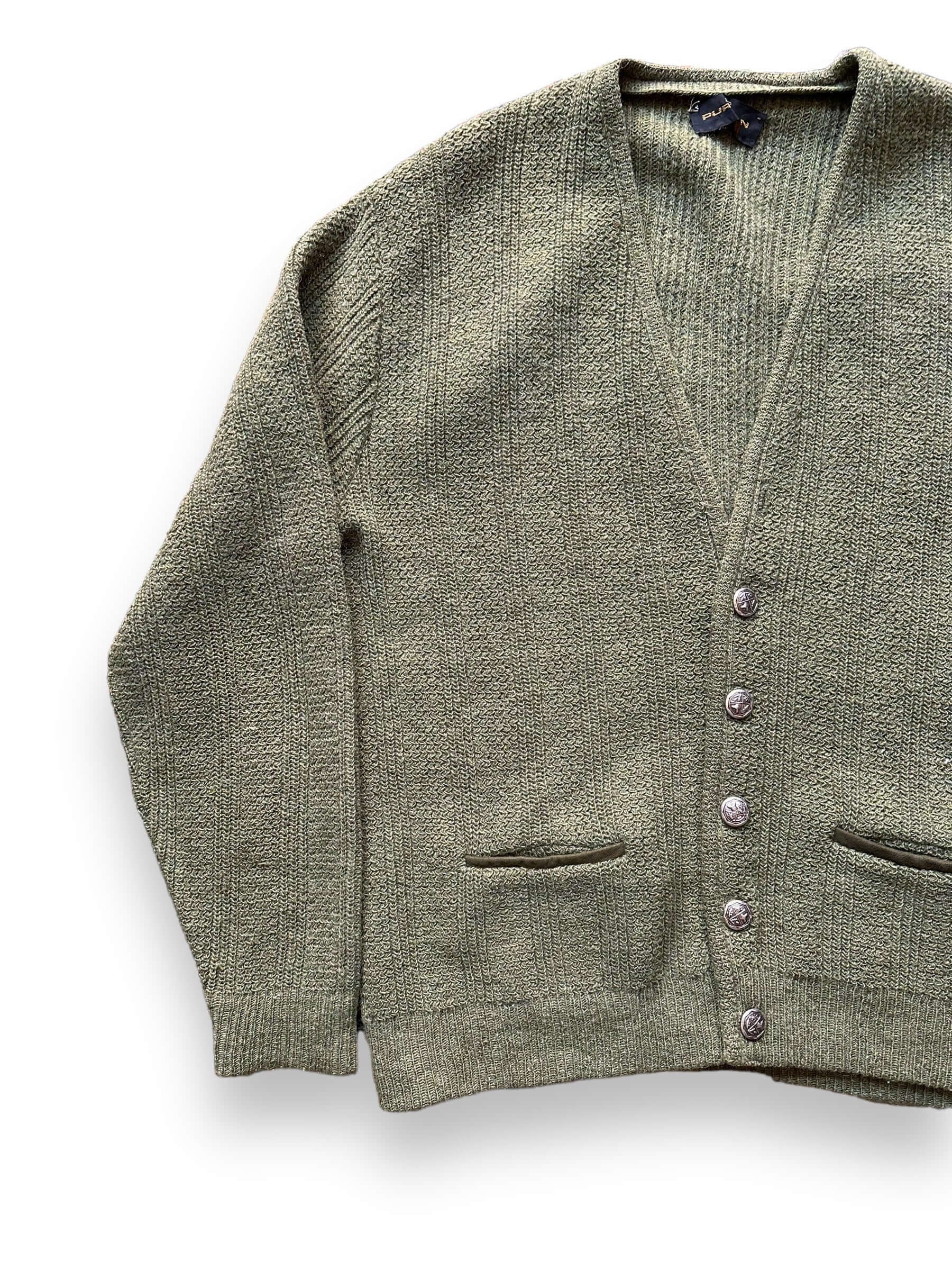 front right of Vintage 1960s Puritan Olive Green Wool Cardigan SZ L