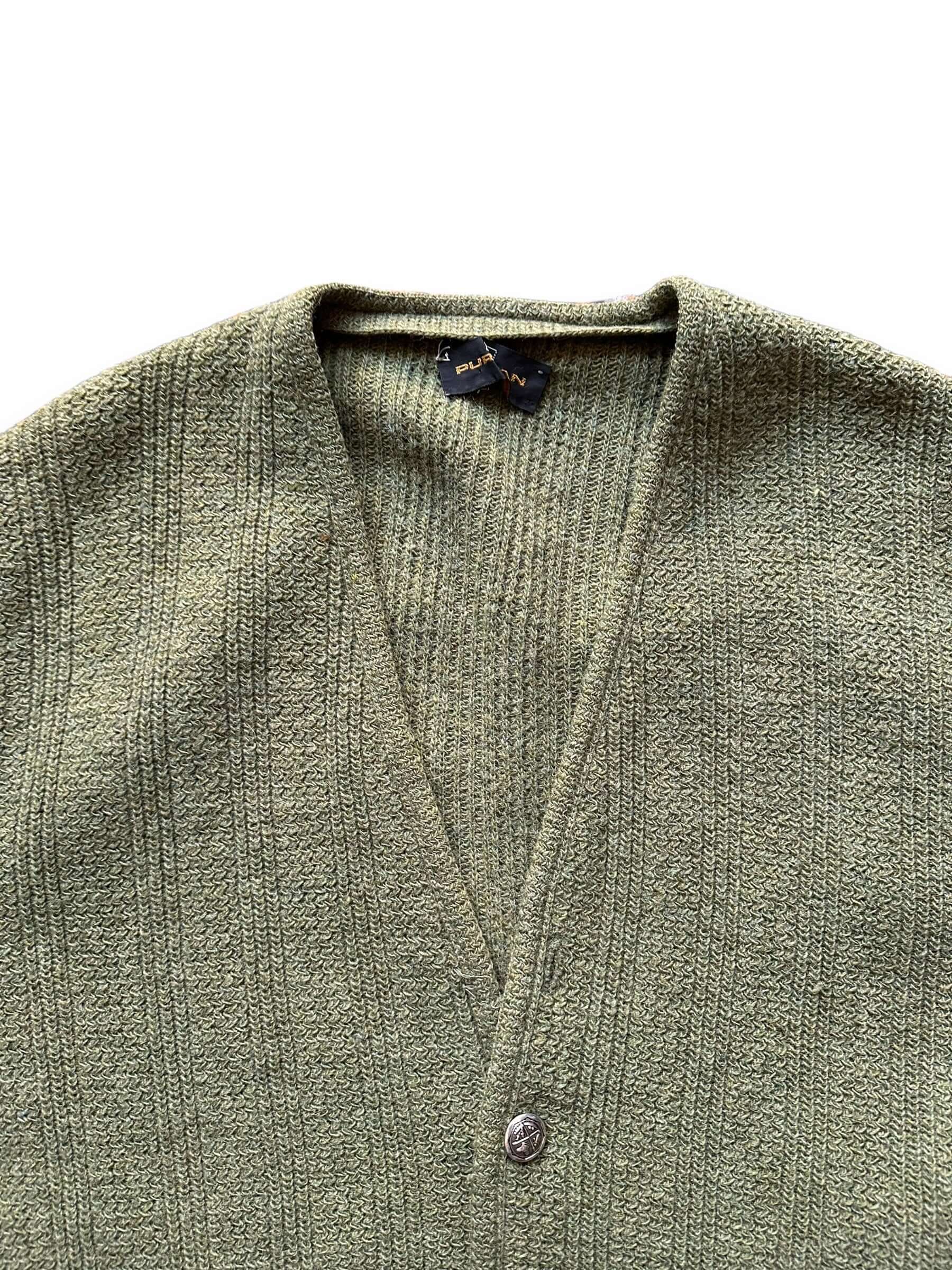 collar of Vintage 1960s Puritan Olive Green Wool Cardigan SZ L