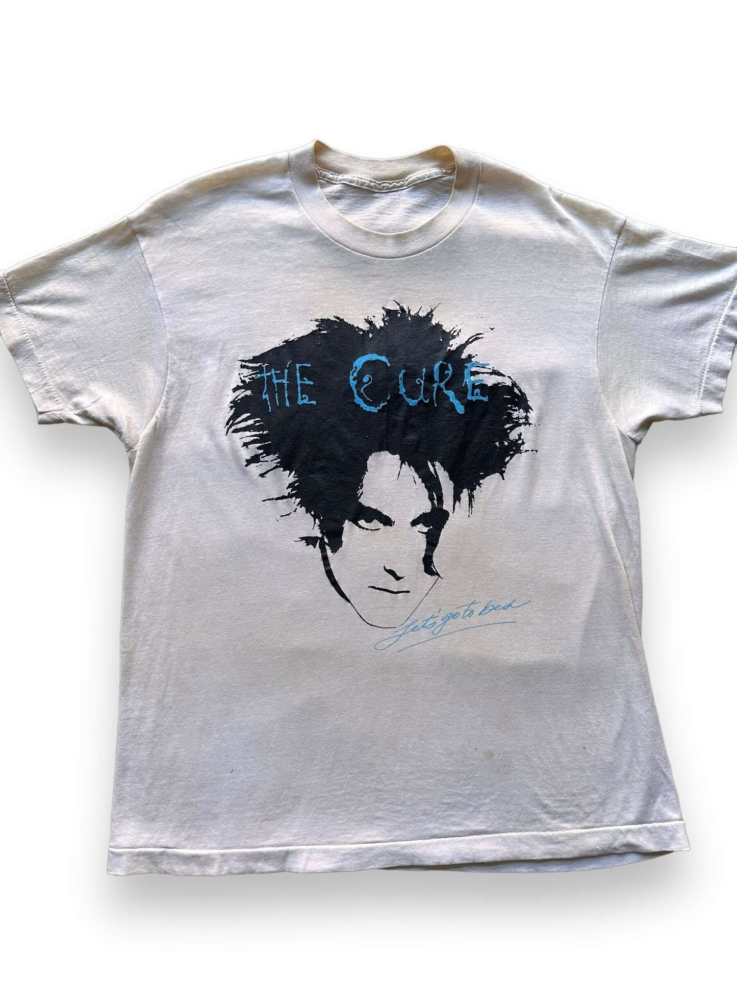 front close up of Vintage 80s The Cure "Let's Go to Bed" Band Tee Shirt SZ M