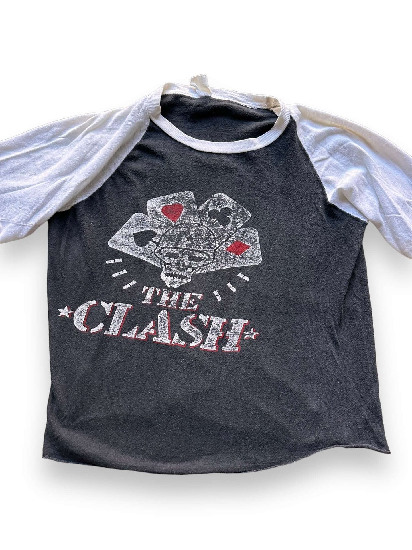 front close up of Vintage 1982 The Clash "Combat Rock" Raglan Band Tee Shirt SZ S