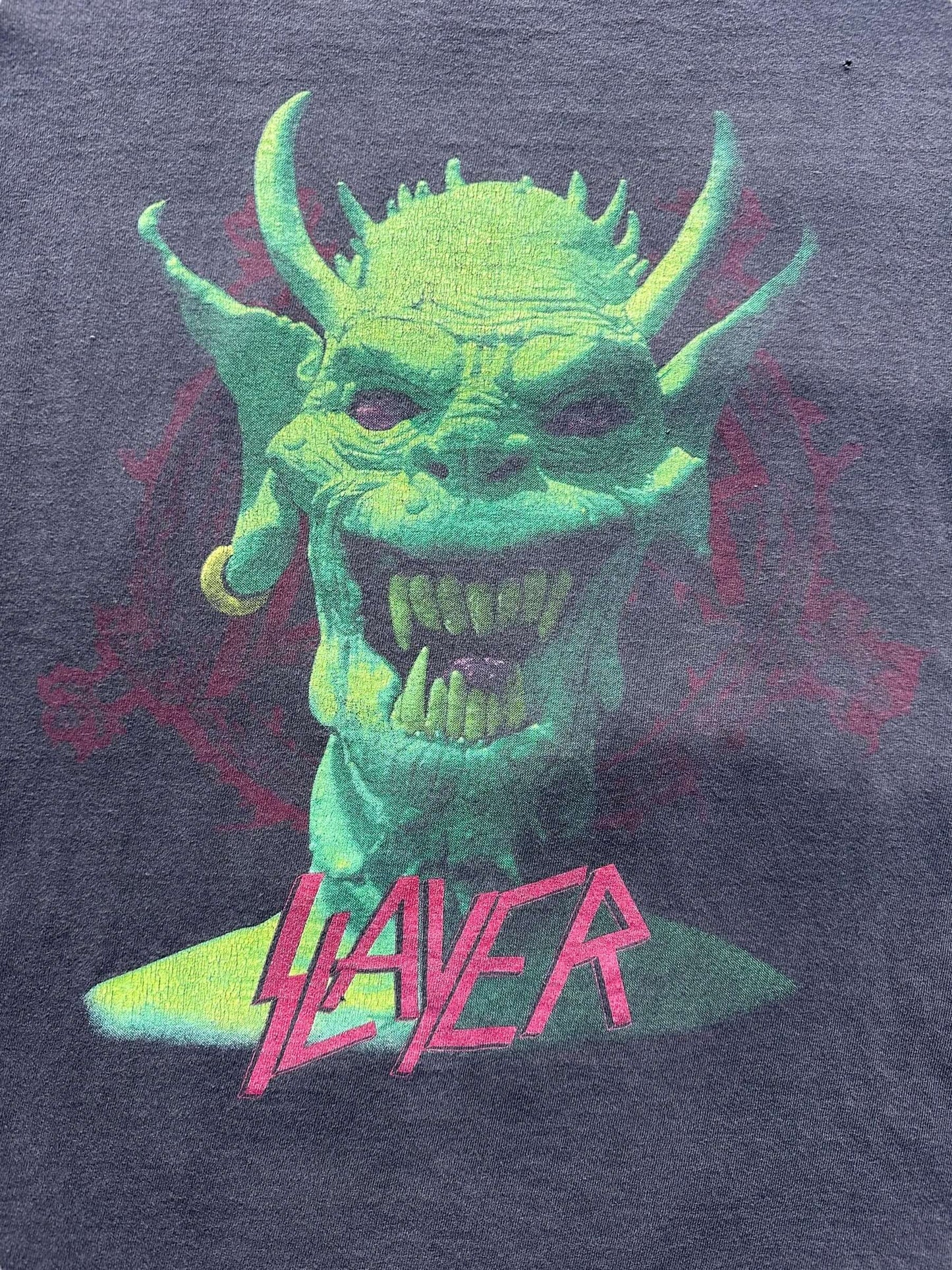 front graphic of Vintage 90s Slayer "Root of All Evil" Band Tee Shirt SZ L