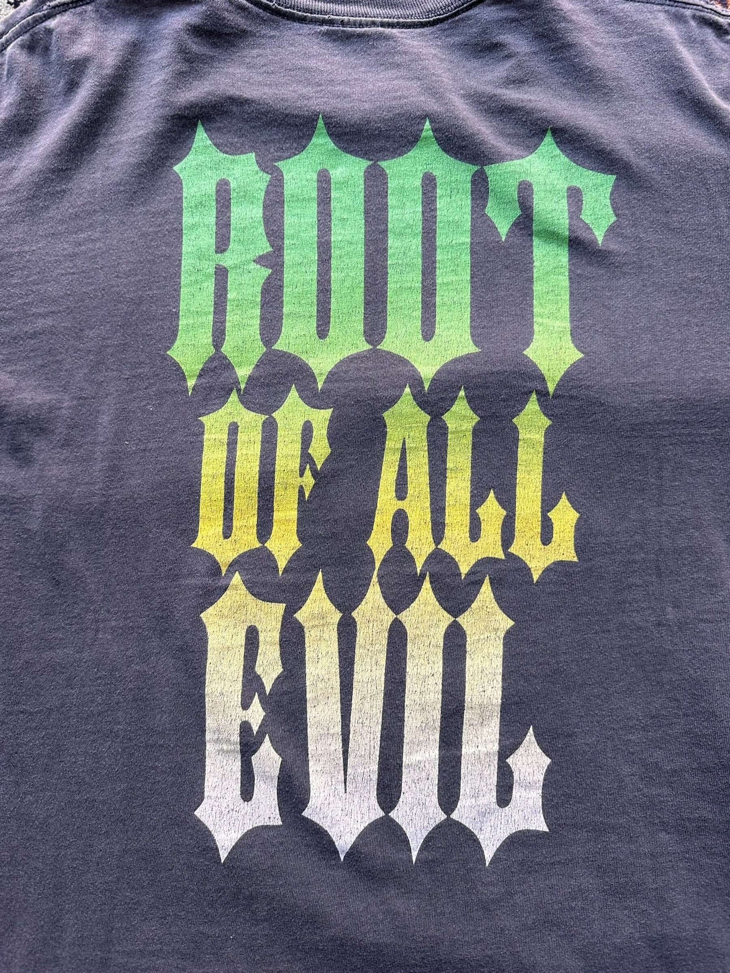 back graphic close up of Vintage 90s Slayer "Root of All Evil" Band Tee Shirt SZ L