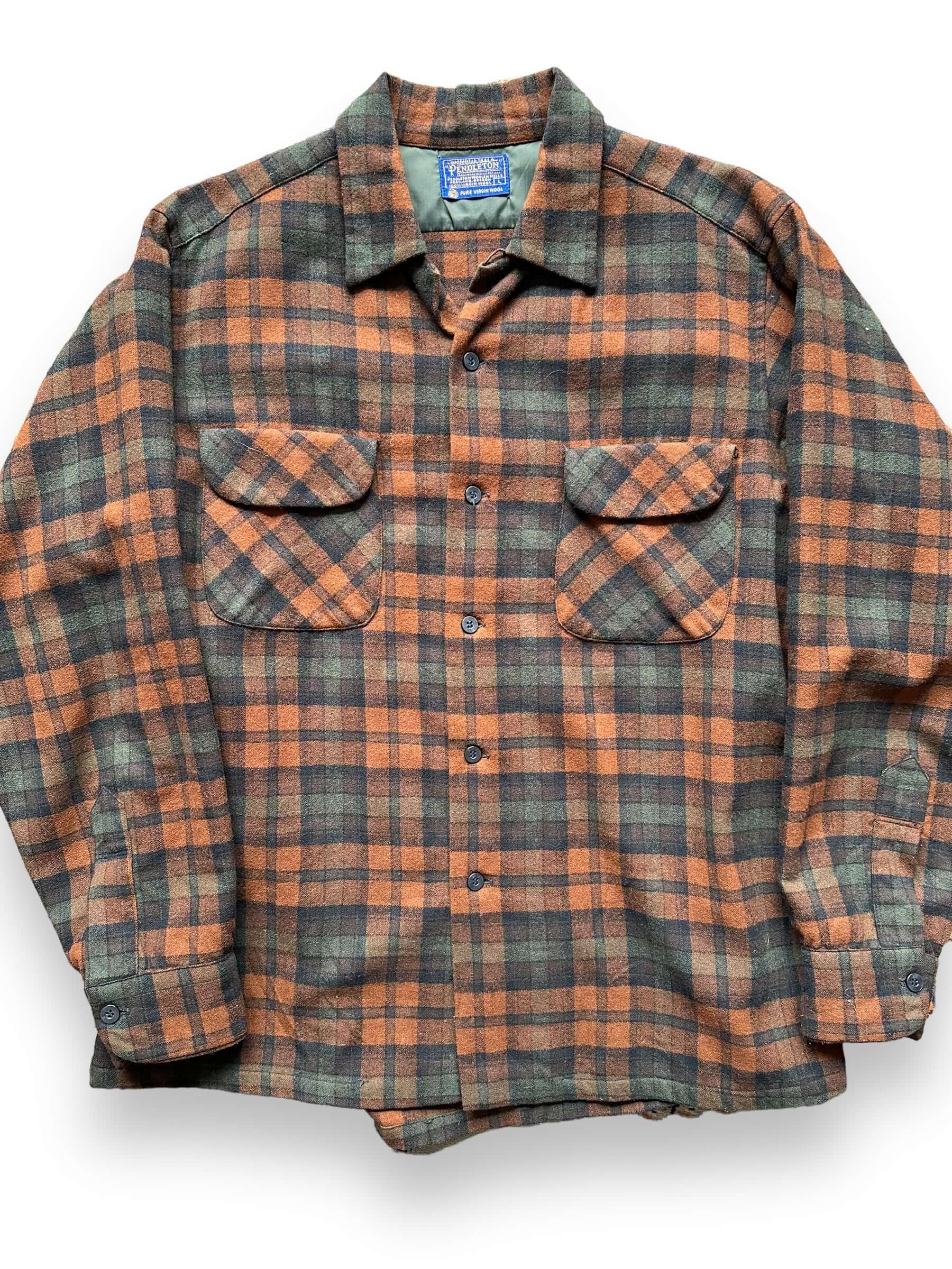 Front Detail on Vintage Pendleton Green/Orange Wool Board Shirt SZ L