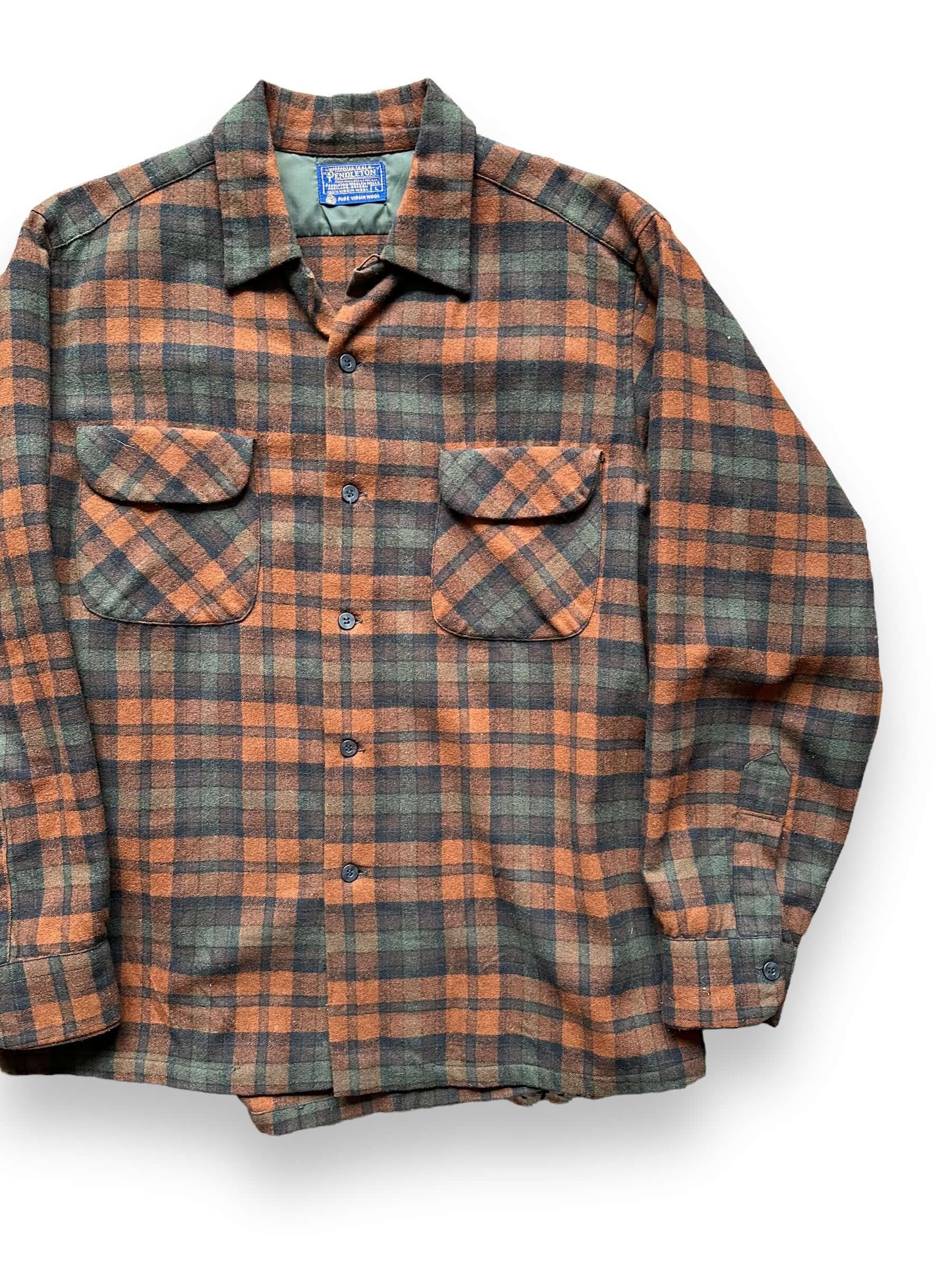 Front Left View of Vintage Pendleton Green/Orange Wool Board Shirt SZ L