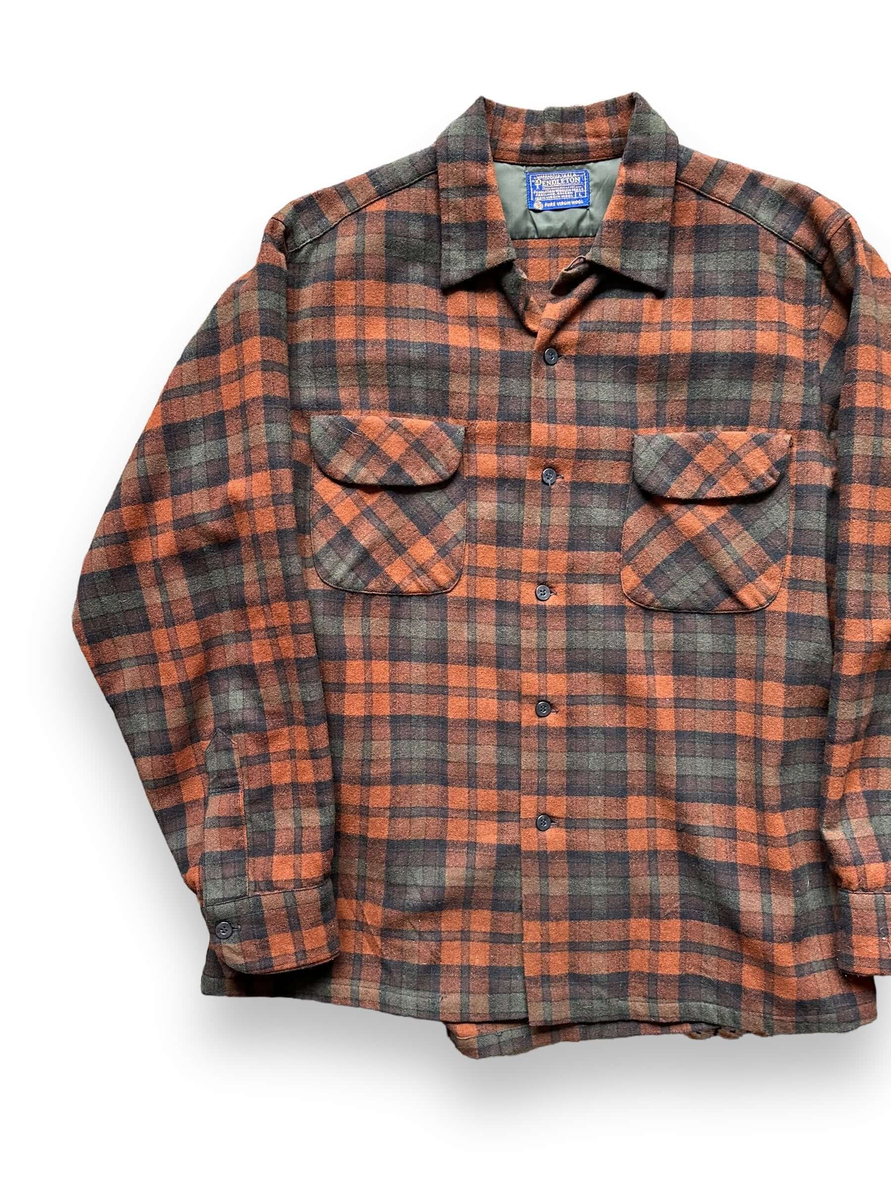 Front Right View of Vintage Pendleton Green/Orange Wool Board Shirt SZ L