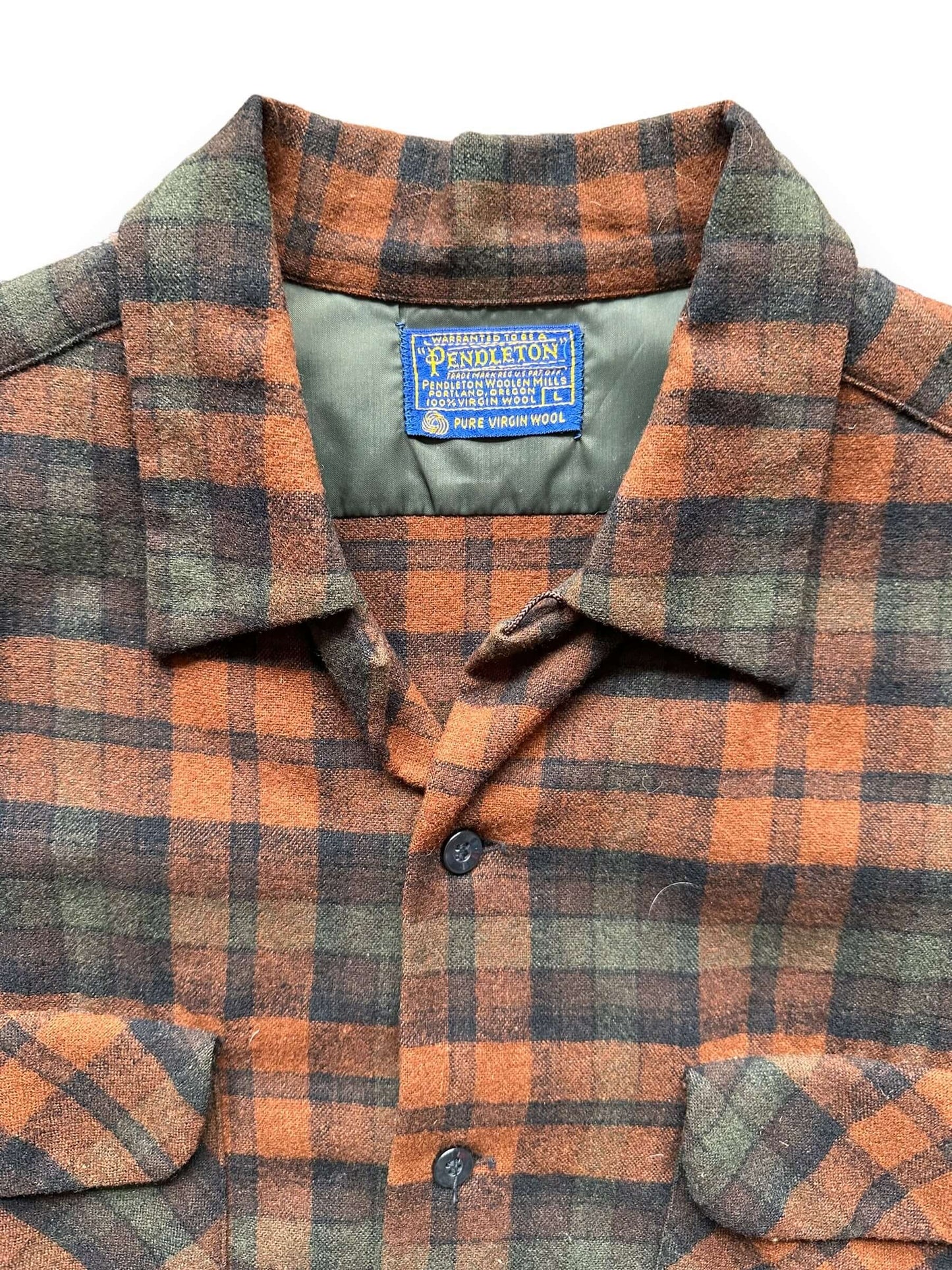 Tag View of Vintage Pendleton Green/Orange Wool Board Shirt SZ L