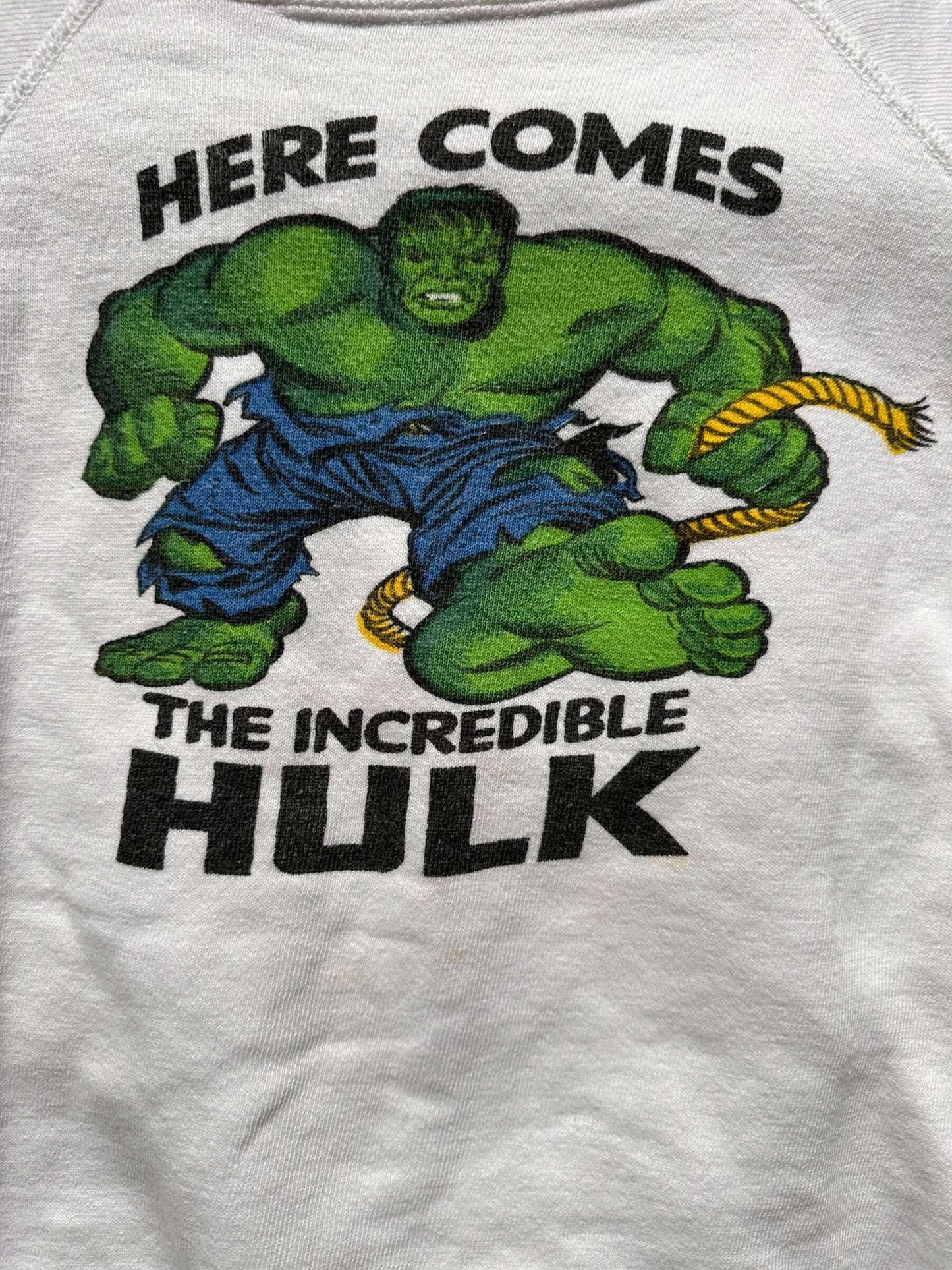 front graphic detail of Vintage Incredible Hulk Short Sleeve Crewneck Sweatshirt SZ M