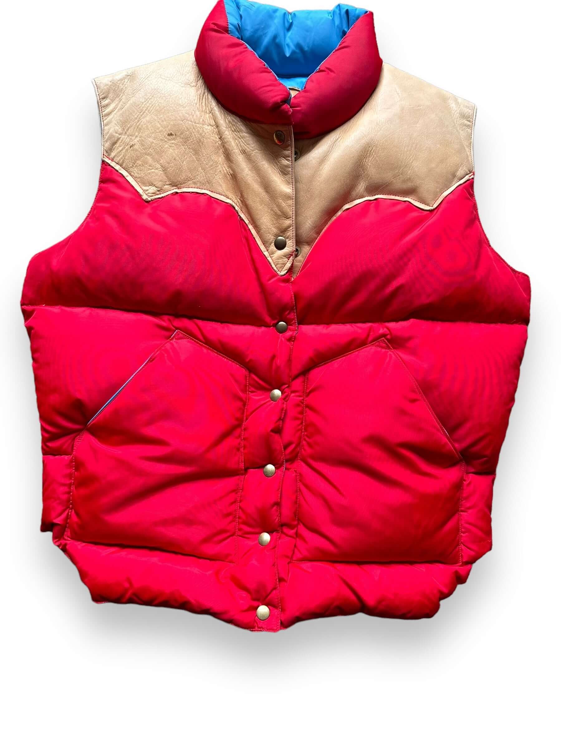 Front Detail on Vintage Rocky Mountain Featherbed Red/Blue Down Vest SZ L